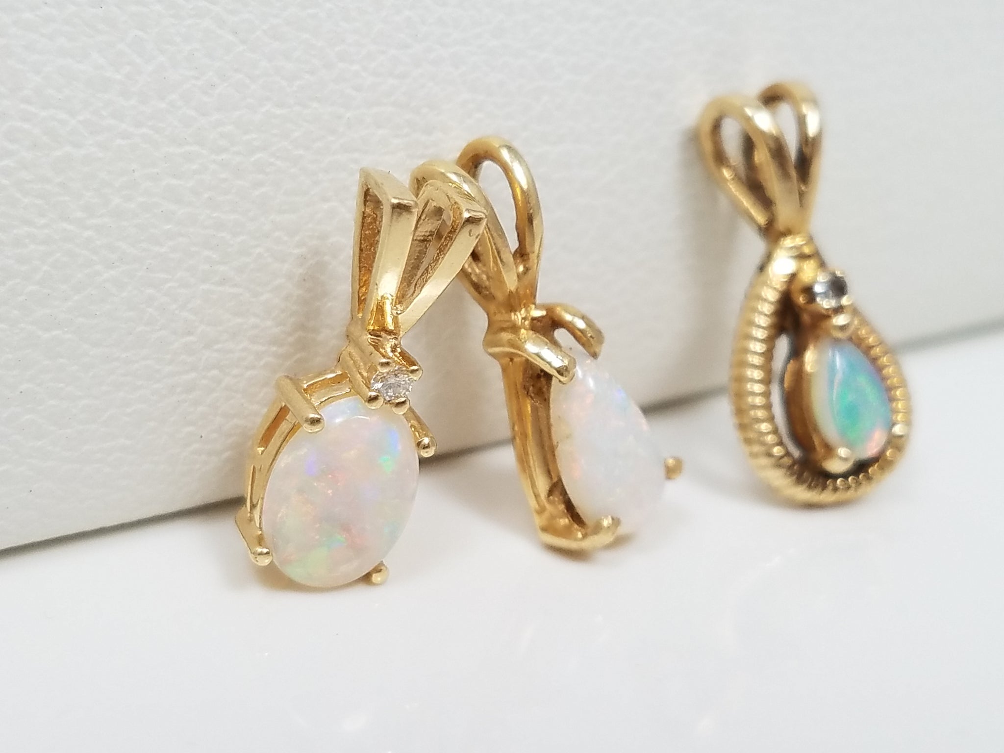 Three Elegant 14k Yellow Gold Natural Australian Opal Diamond Pendant Lot