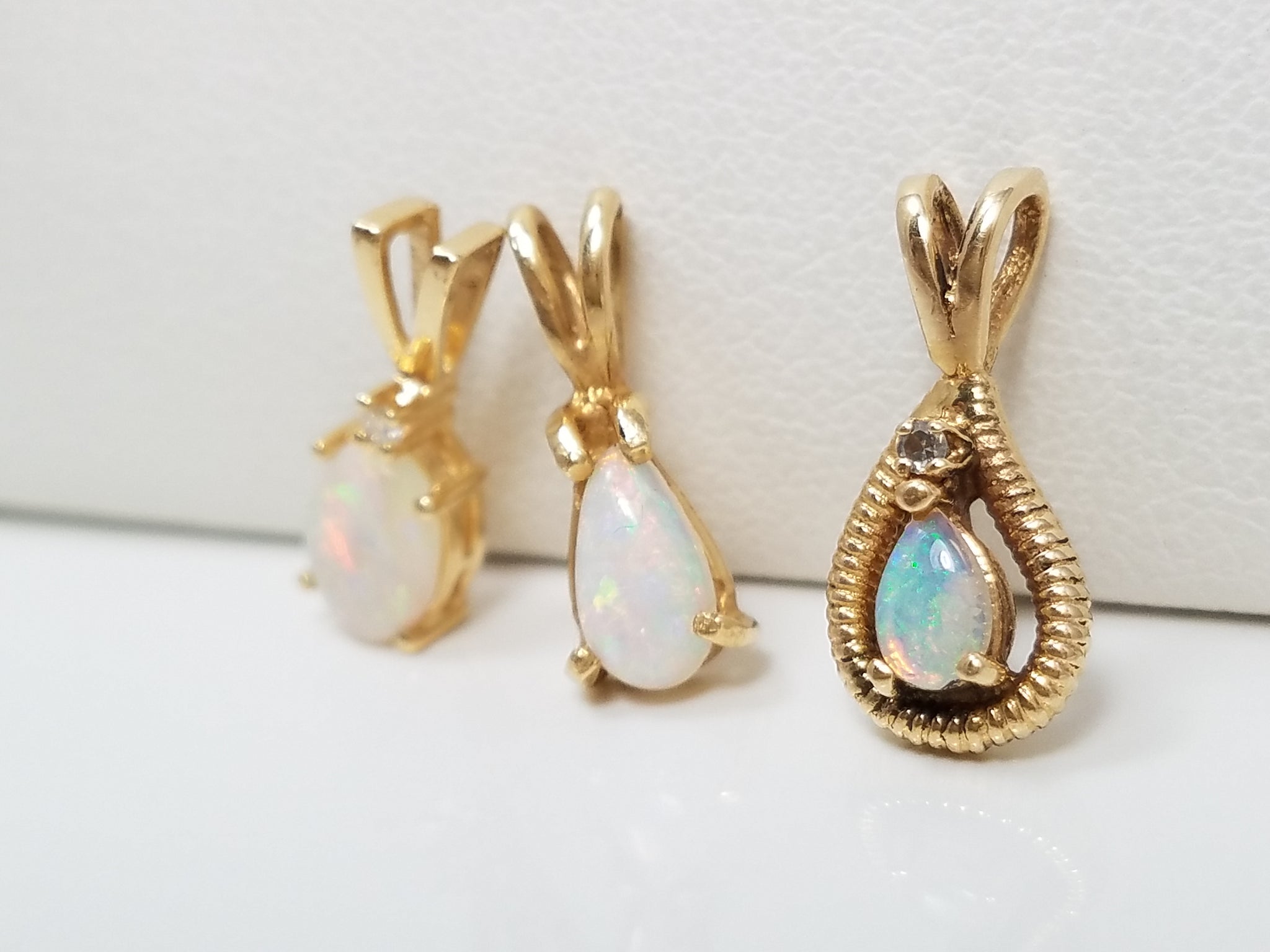 Three Elegant 14k Yellow Gold Natural Australian Opal Diamond Pendant Lot
