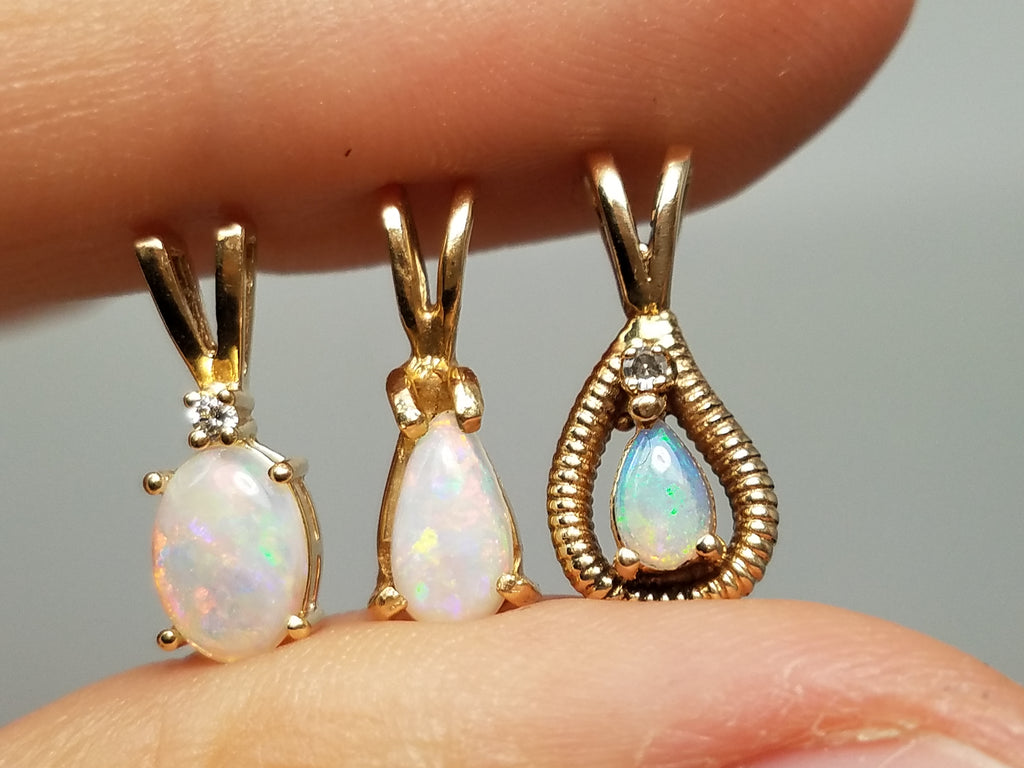 Three Elegant 14k Yellow Gold Natural Australian Opal Diamond Pendant Lot