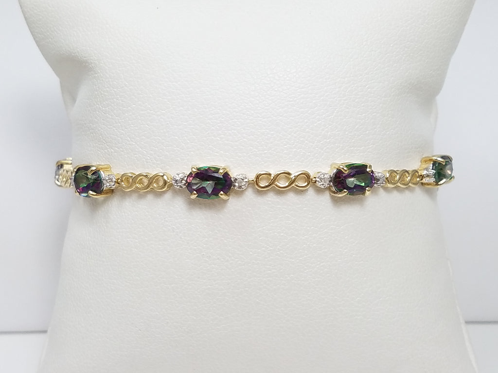 Flashy 7" 10k Yellow Gold Natural Mystic Topaz Diamond Bracelet