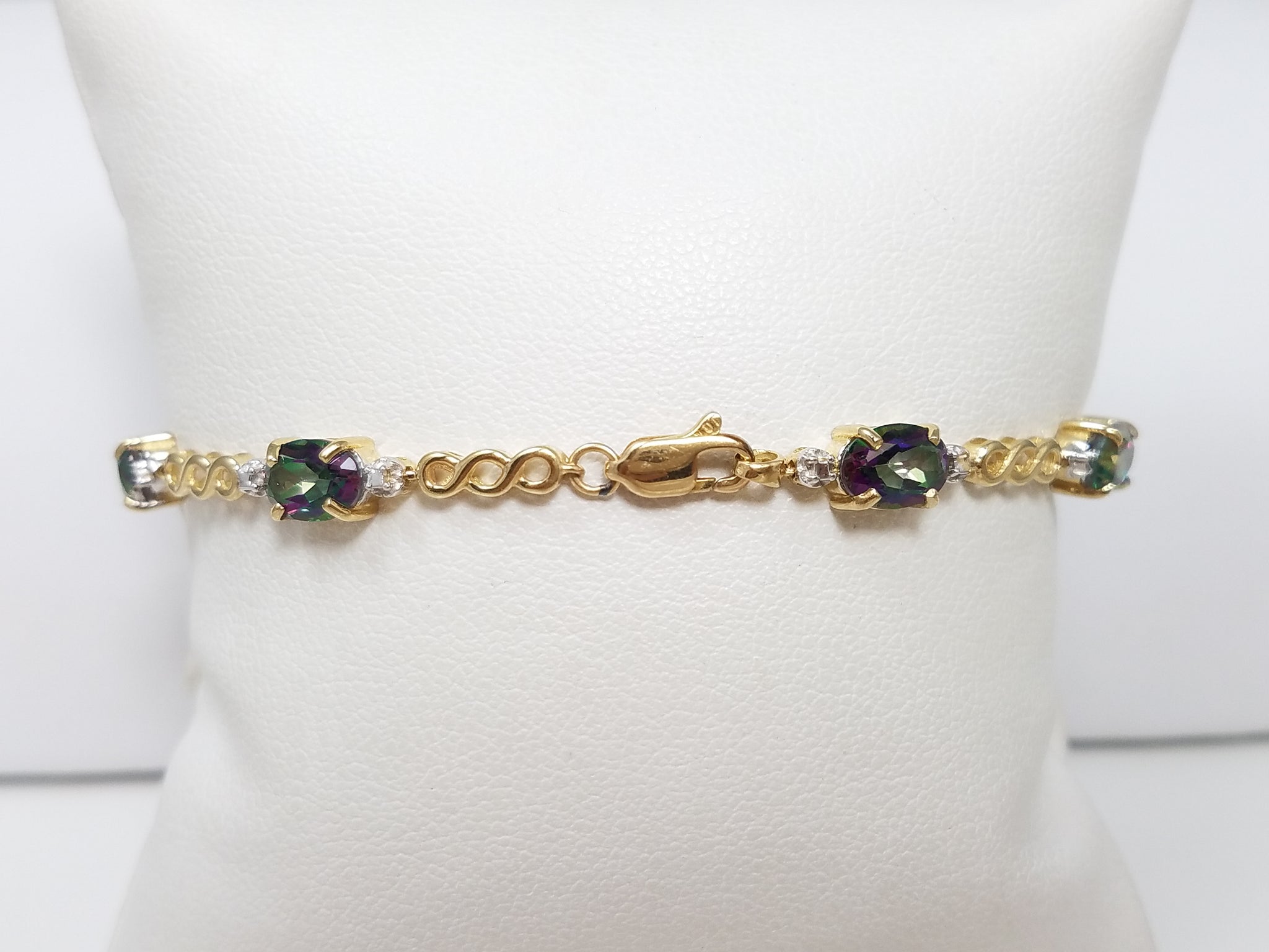 Flashy 7" 10k Yellow Gold Natural Mystic Topaz Diamond Bracelet