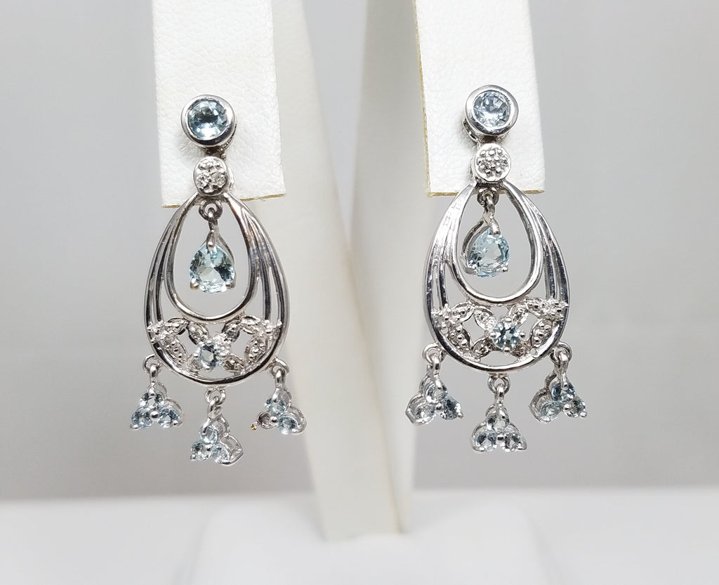 Flashy 10k White Gold Natural Aquamarine Diamond Dangle Earrings