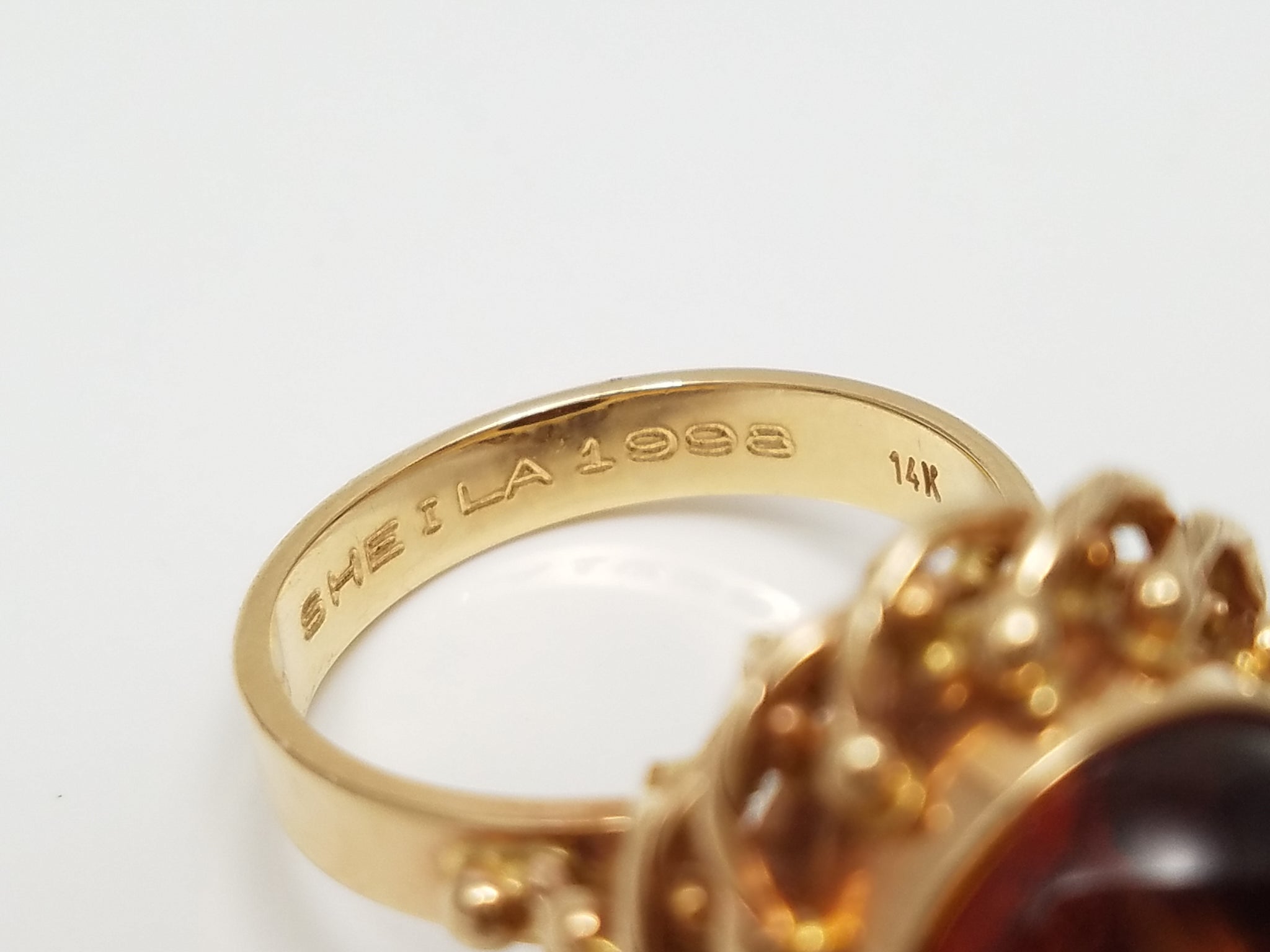 14k Yellow Gold Natural Amber Insect Ring