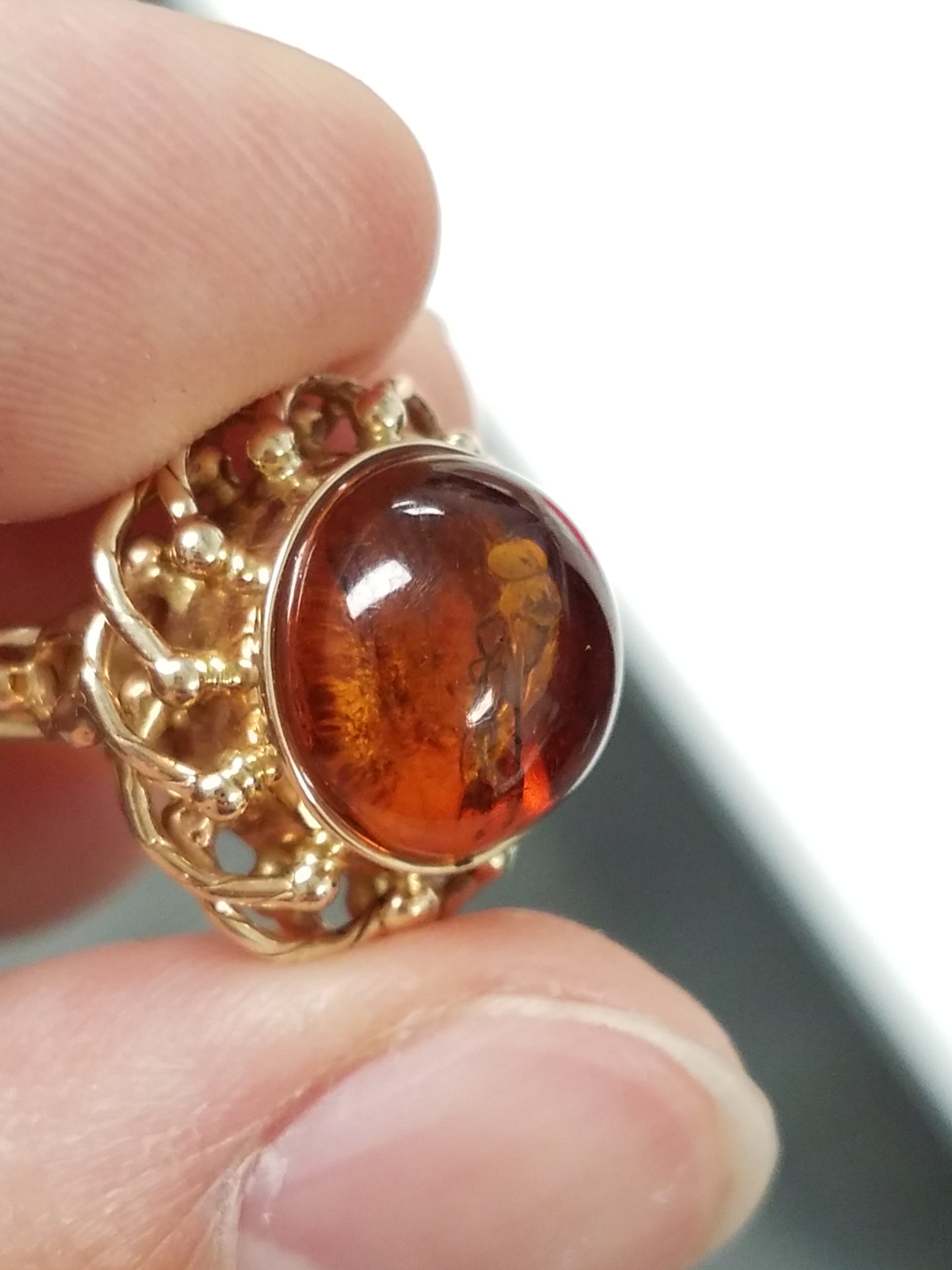 14k Yellow Gold Natural Amber Insect Ring