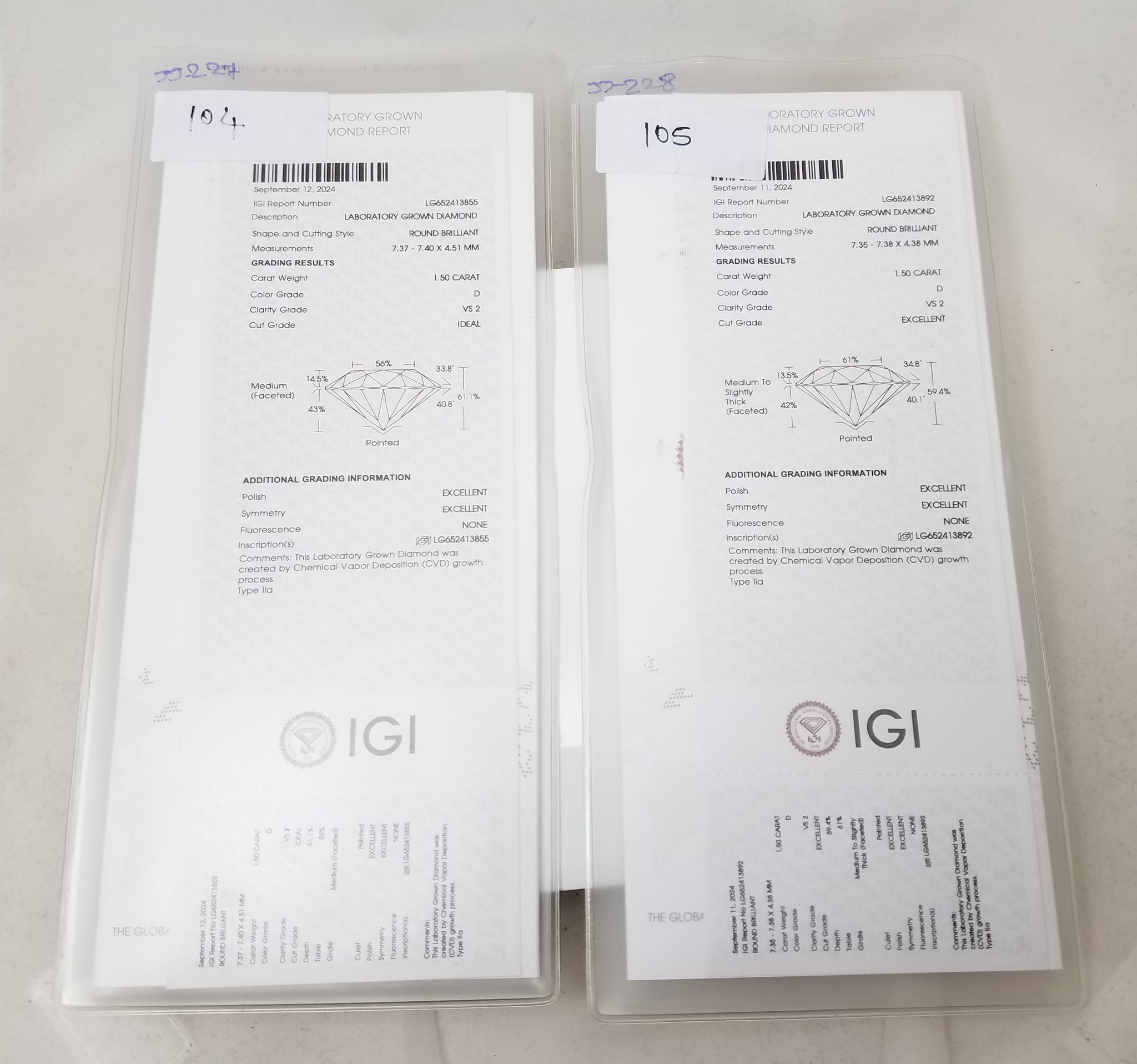 NEW IGI Certified 3.00ctw Round Brilliant Lab Grown Diamond 14k White Gold Stud Earrings VS2-D