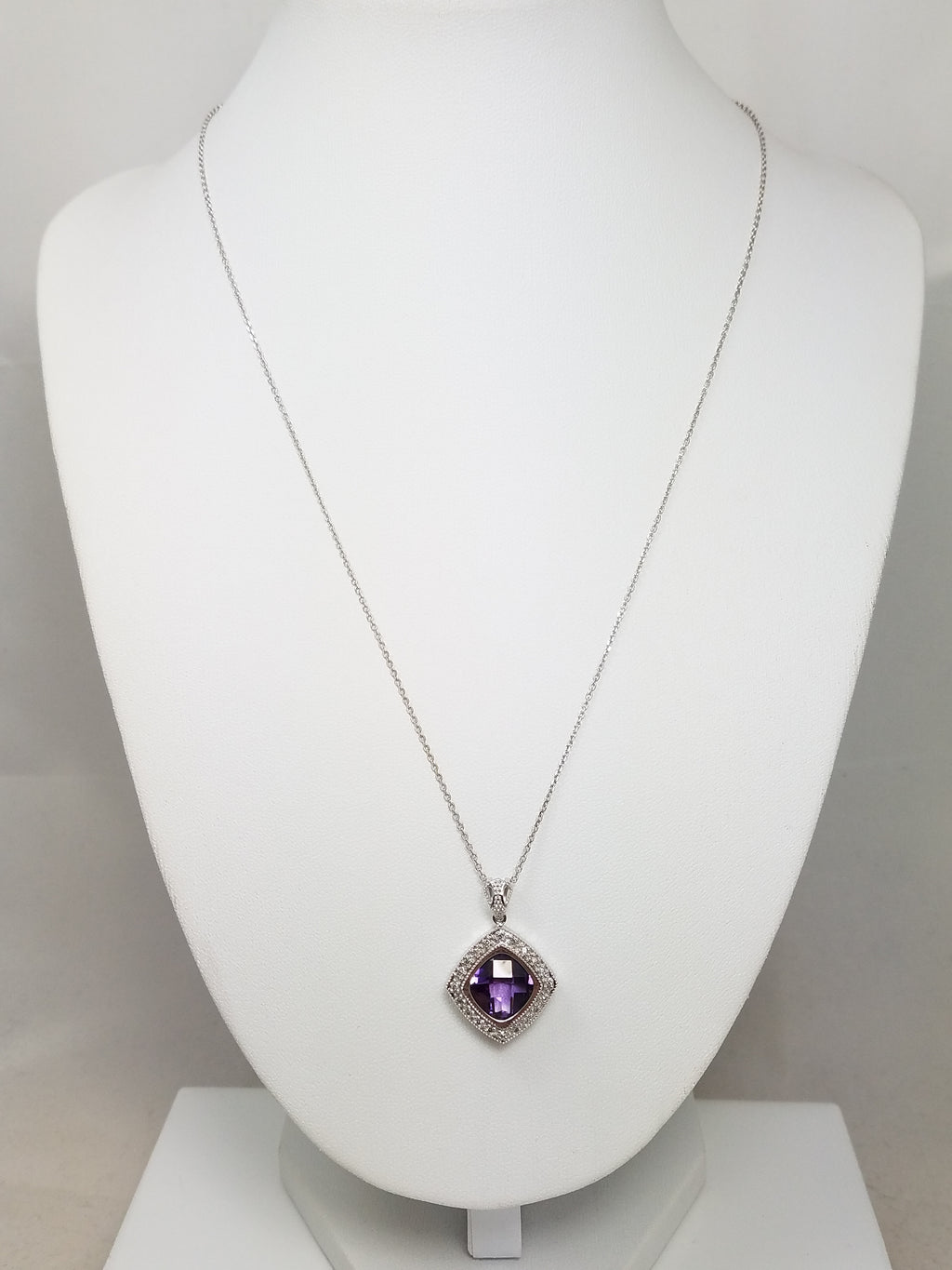 14k White Gold Natural Amethyst Diamond Pendant Necklace