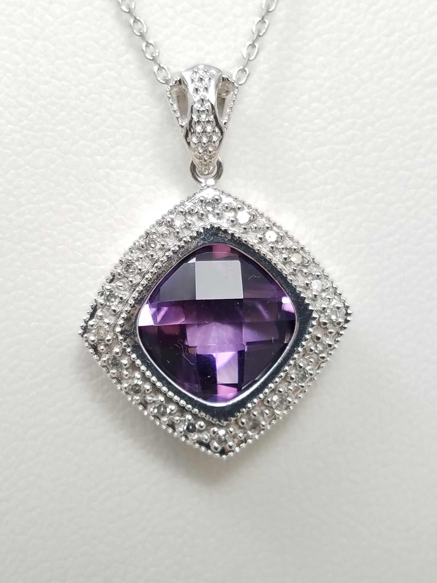 14k White Gold Natural Amethyst Diamond Pendant Necklace