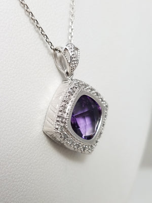 14k White Gold Natural Amethyst Diamond Pendant Necklace