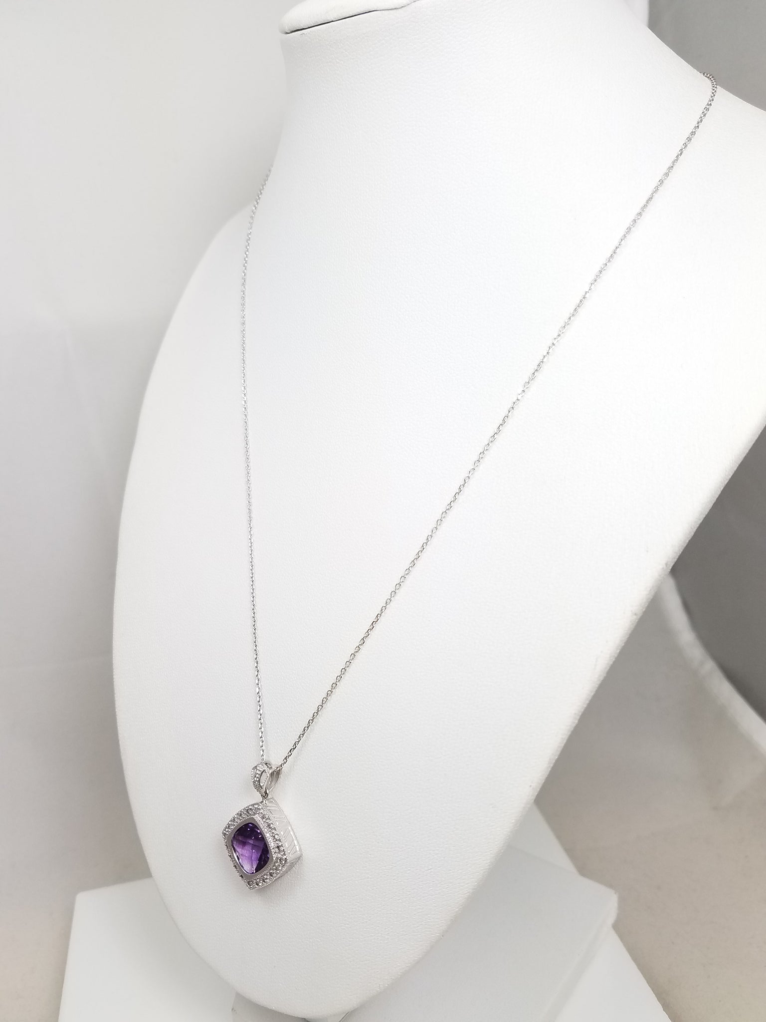 14k White Gold Natural Amethyst Diamond Pendant Necklace