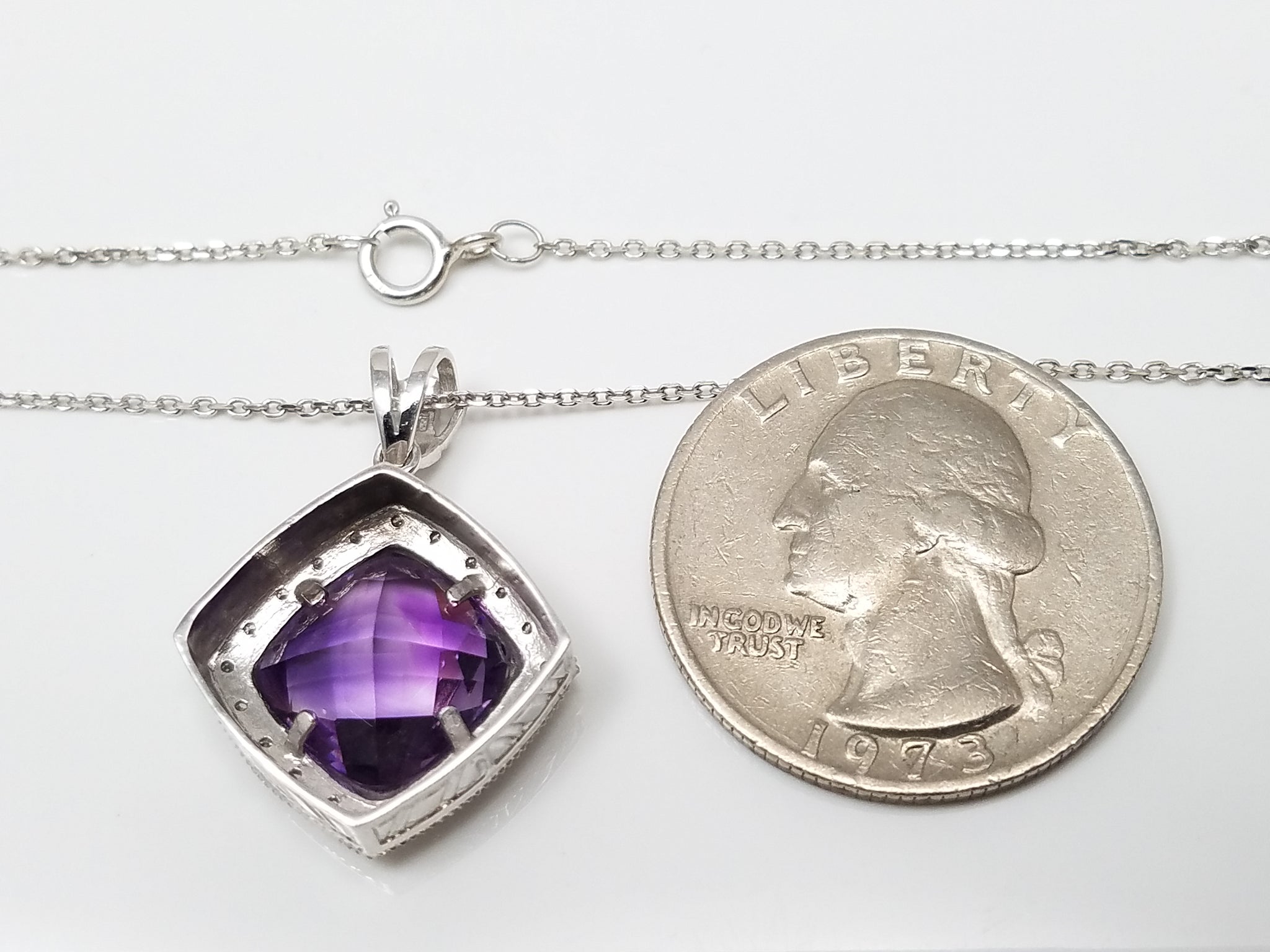 14k White Gold Natural Amethyst Diamond Pendant Necklace