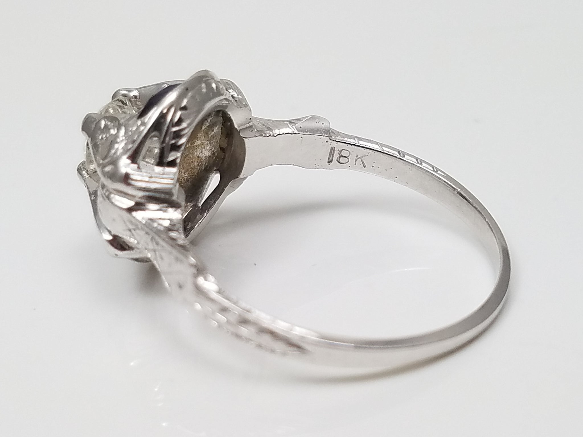 Art Deco 18k White Gold Diamond Synthetic Sapphire Ring