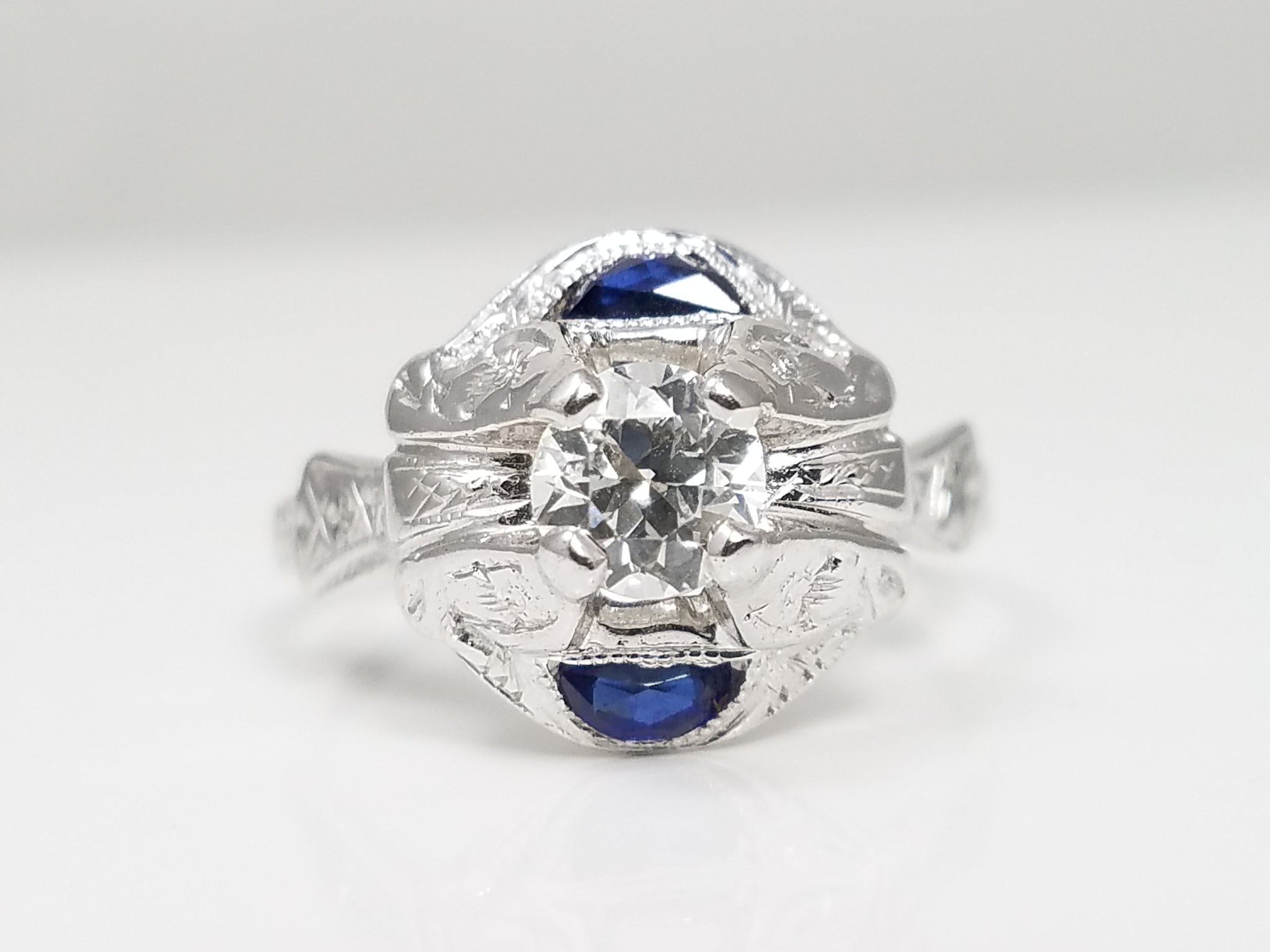 Art Deco 18k White Gold Diamond Synthetic Sapphire Ring