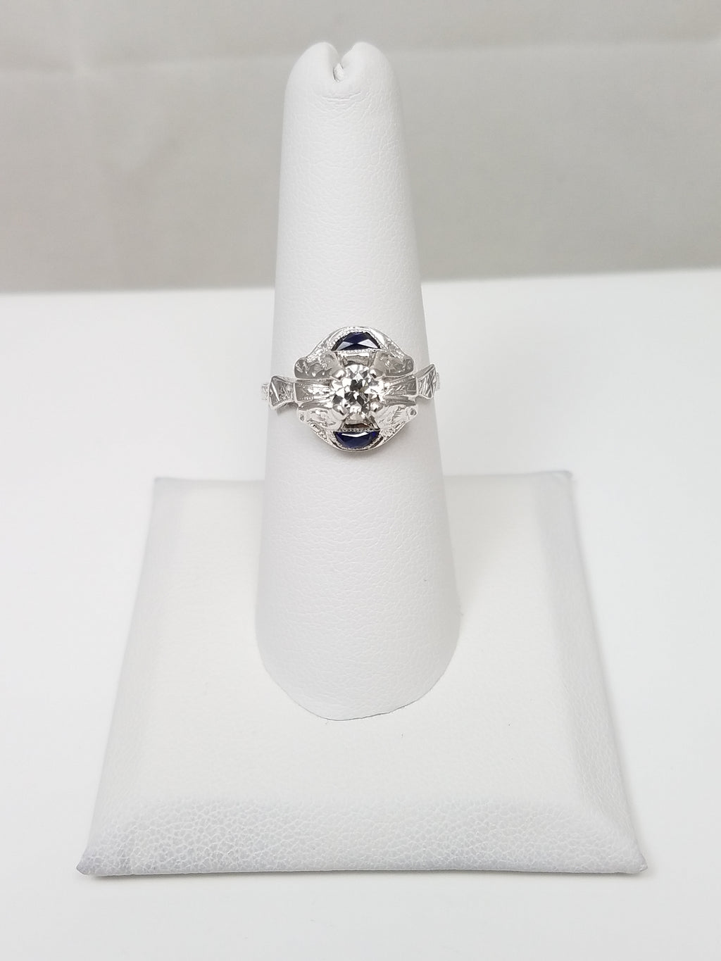 Art Deco 18k White Gold Diamond Synthetic Sapphire Ring