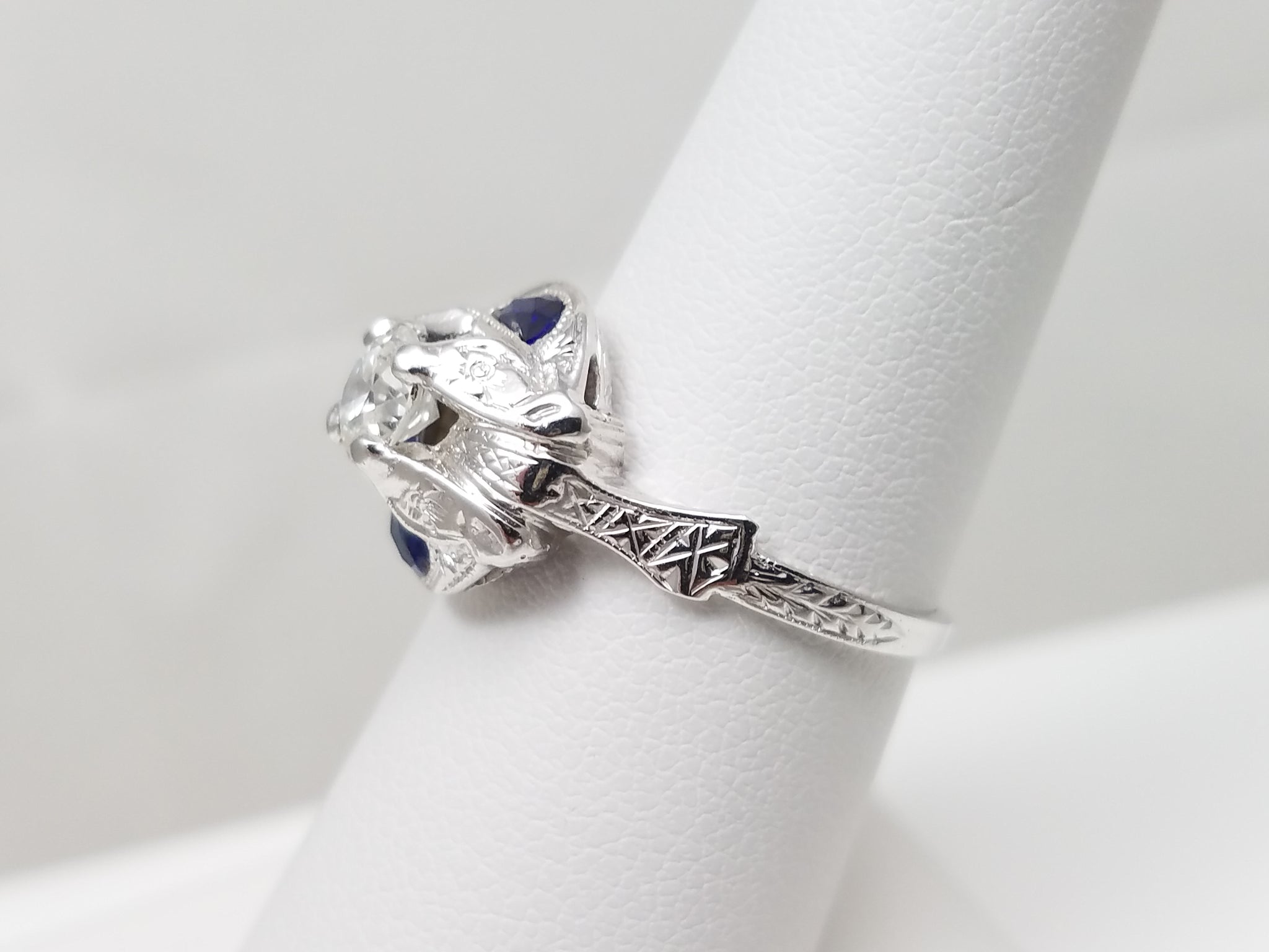 Art Deco 18k White Gold Diamond Synthetic Sapphire Ring