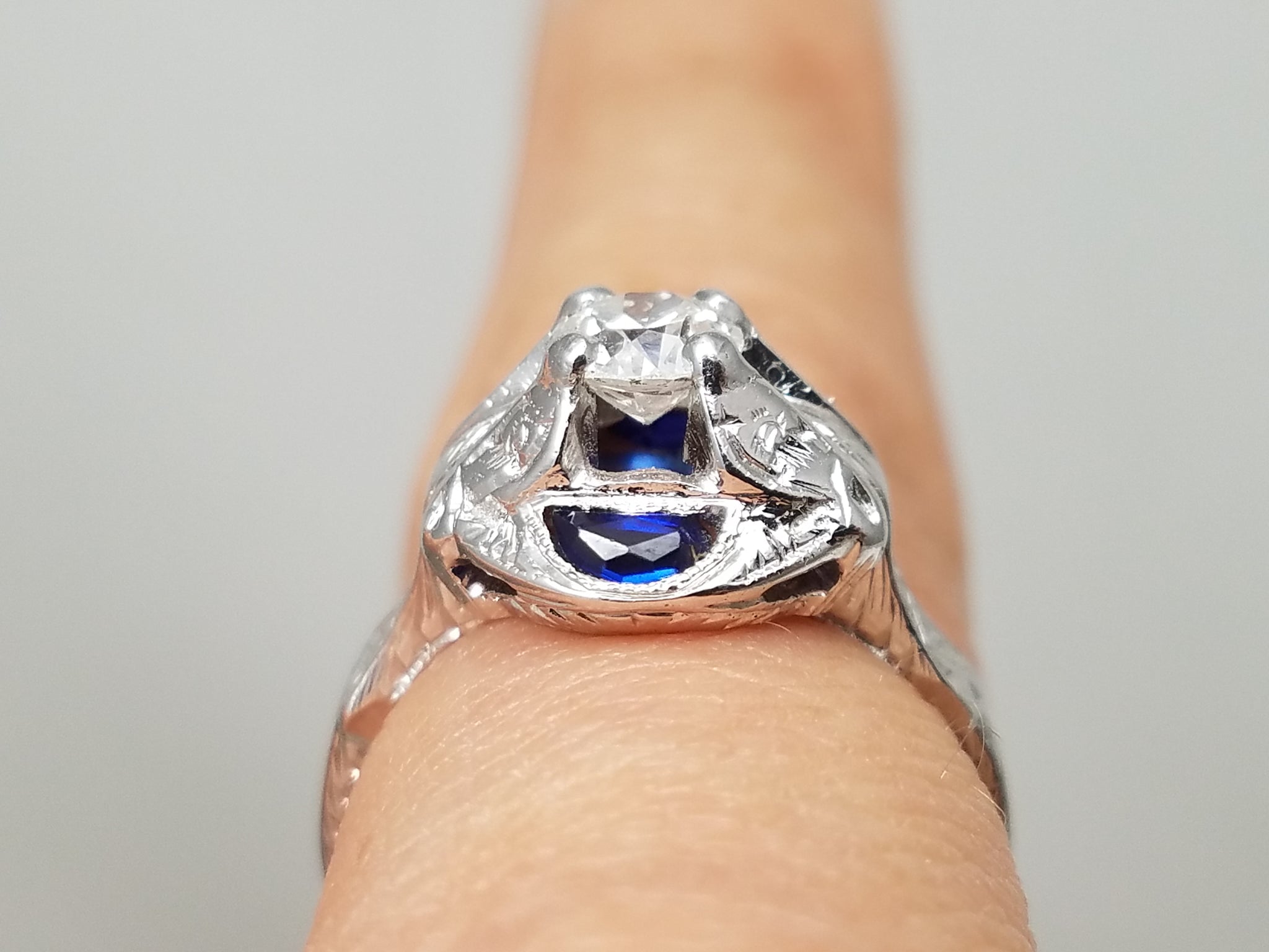 Art Deco 18k White Gold Diamond Synthetic Sapphire Ring
