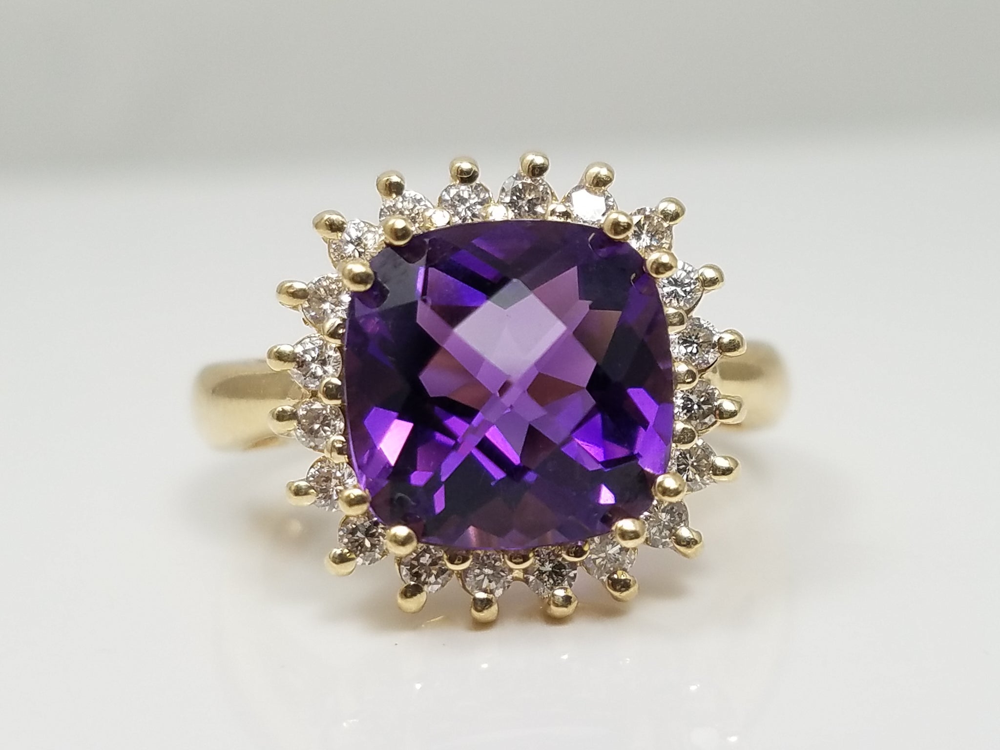 3ct Natural Amethyst Diamond Halo 14k Yellow Gold Ring
