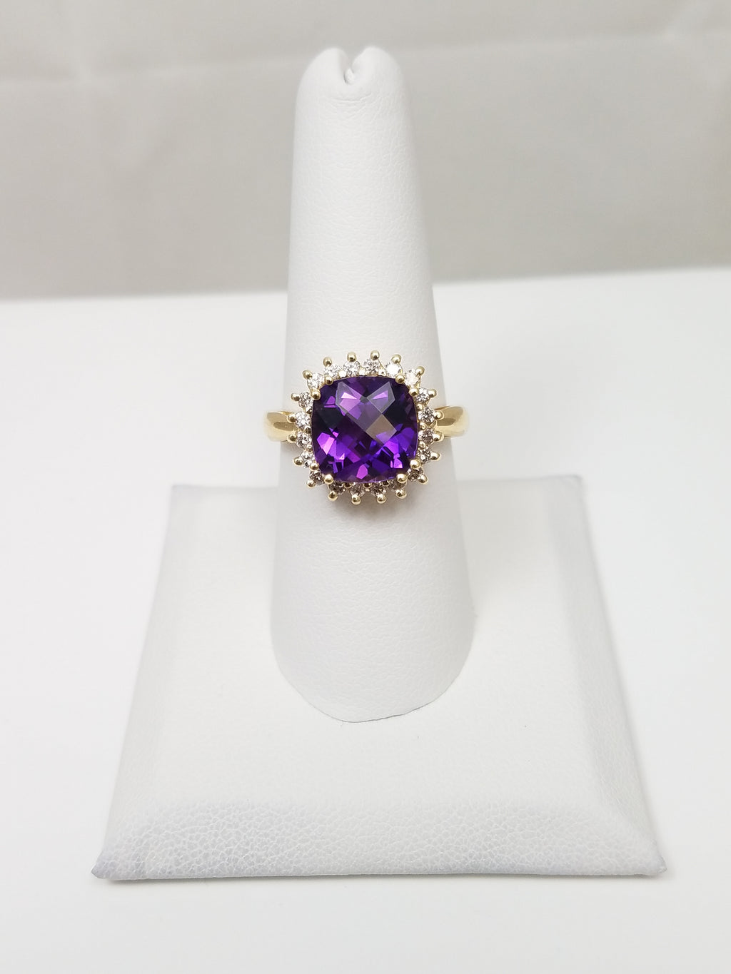 3ct Natural Amethyst Diamond Halo 14k Yellow Gold Ring