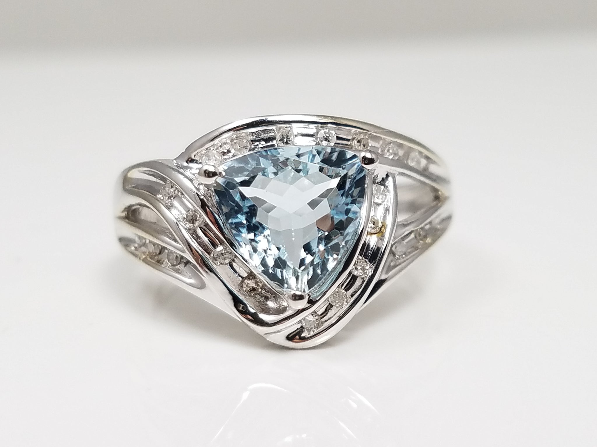 Natural Aquamarine + Diamond 10k White Gold Ring