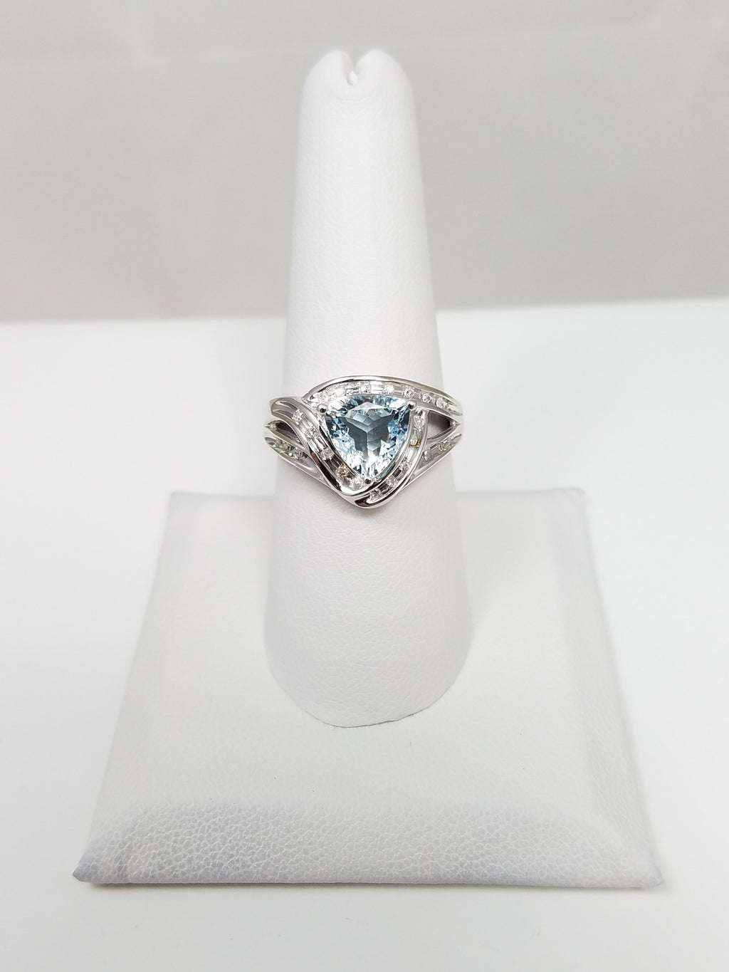 Natural Aquamarine + Diamond 10k White Gold Ring