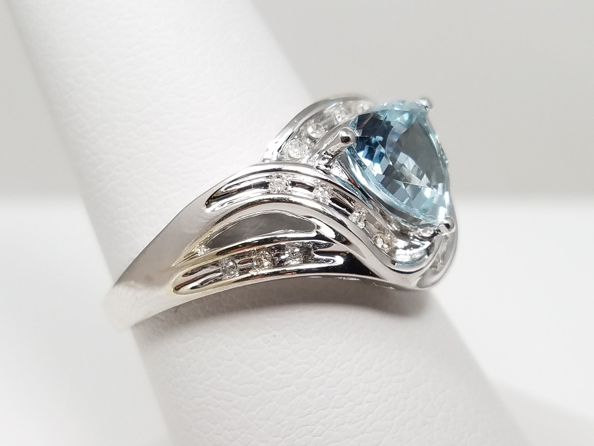 Natural Aquamarine + Diamond 10k White Gold Ring