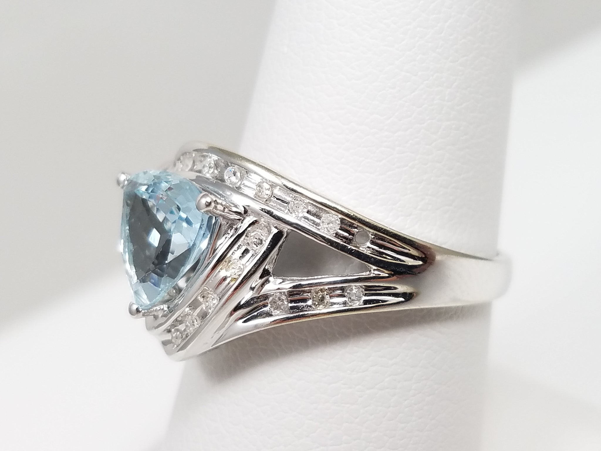 Natural Aquamarine + Diamond 10k White Gold Ring