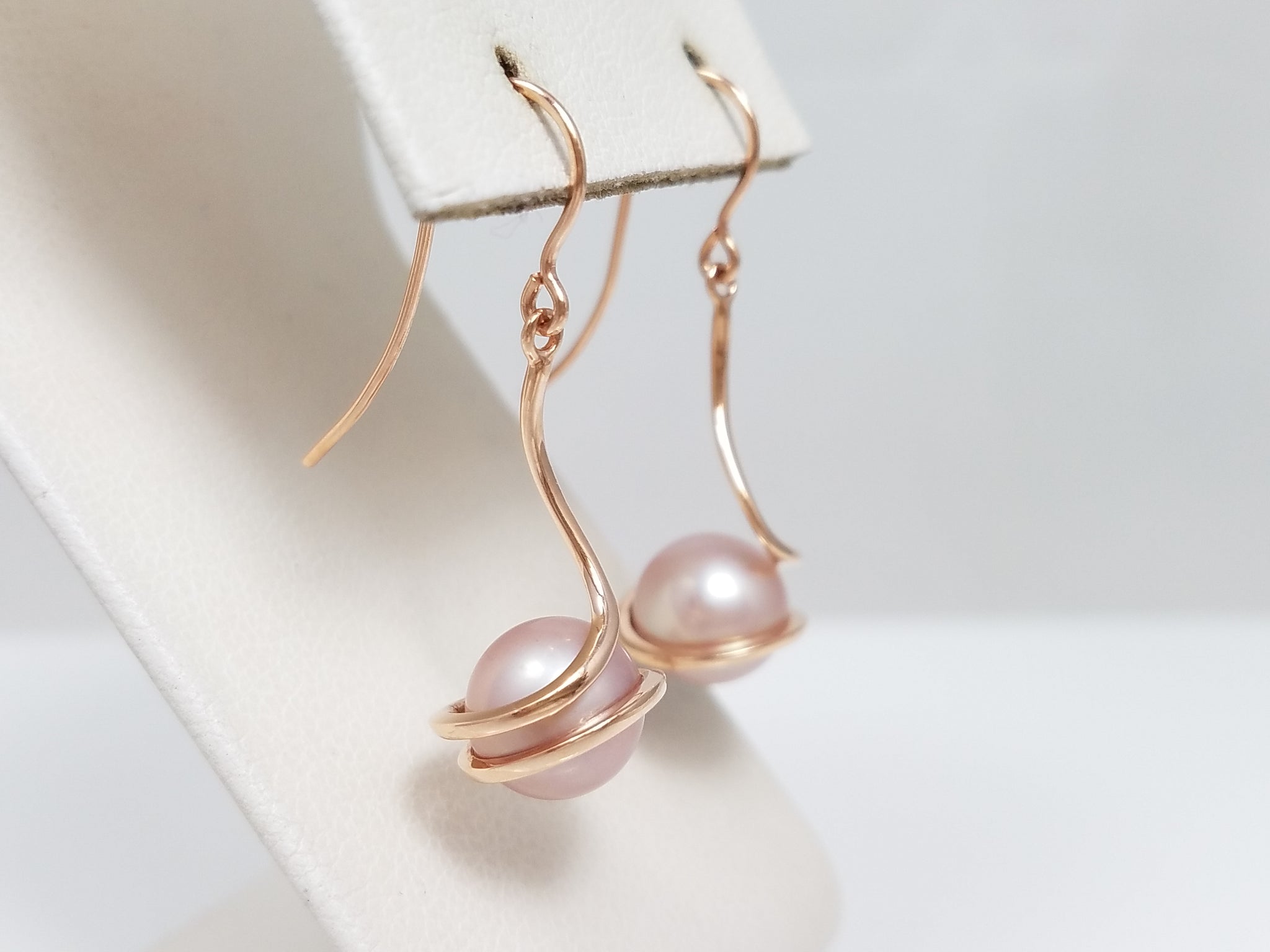 14k Rose Gold Cultured Pearl Twist Dangle Earrings