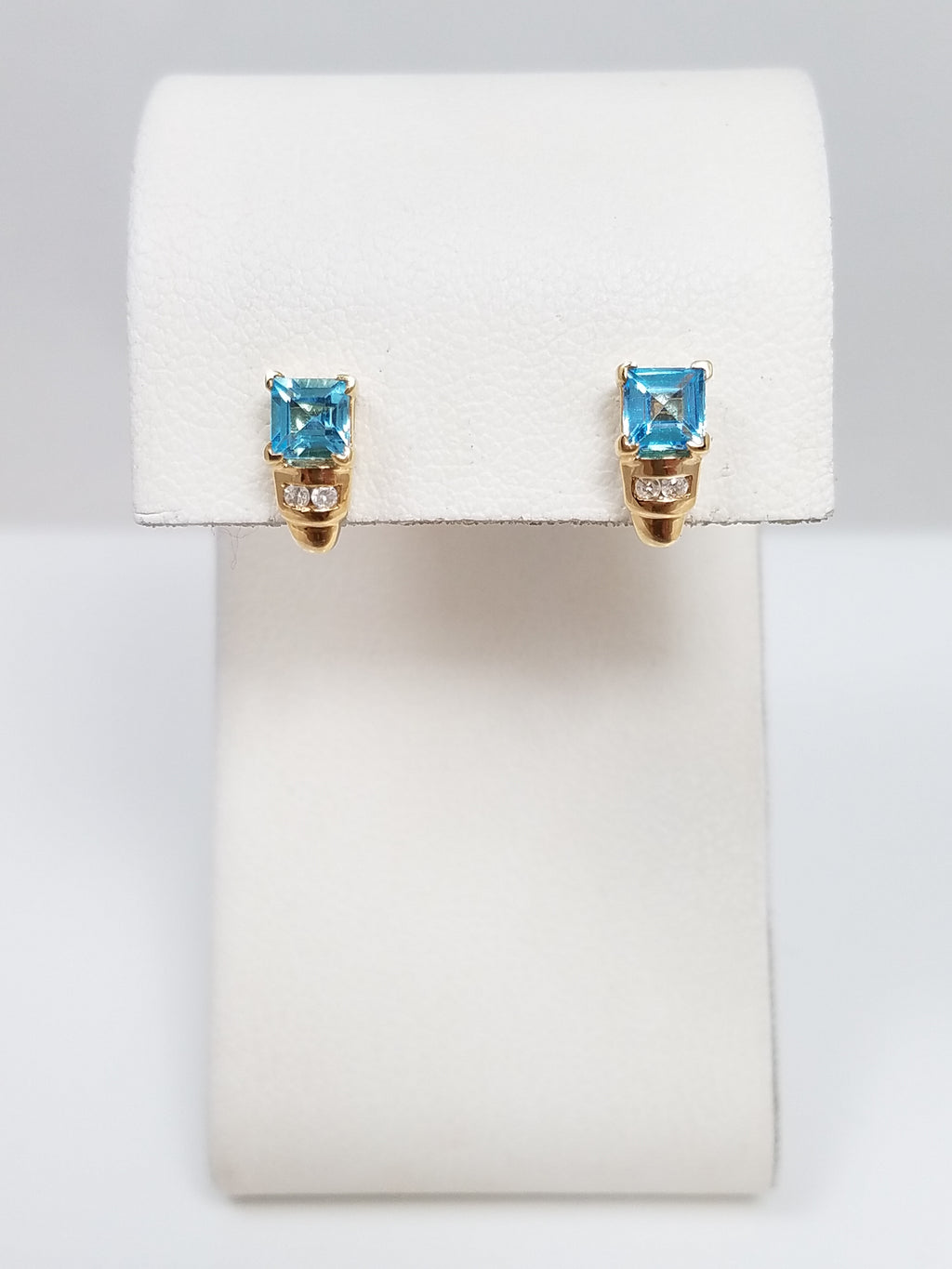 Dainty 10k Yellow Gold Natural Blue Topaz Diamond Drop Earrings