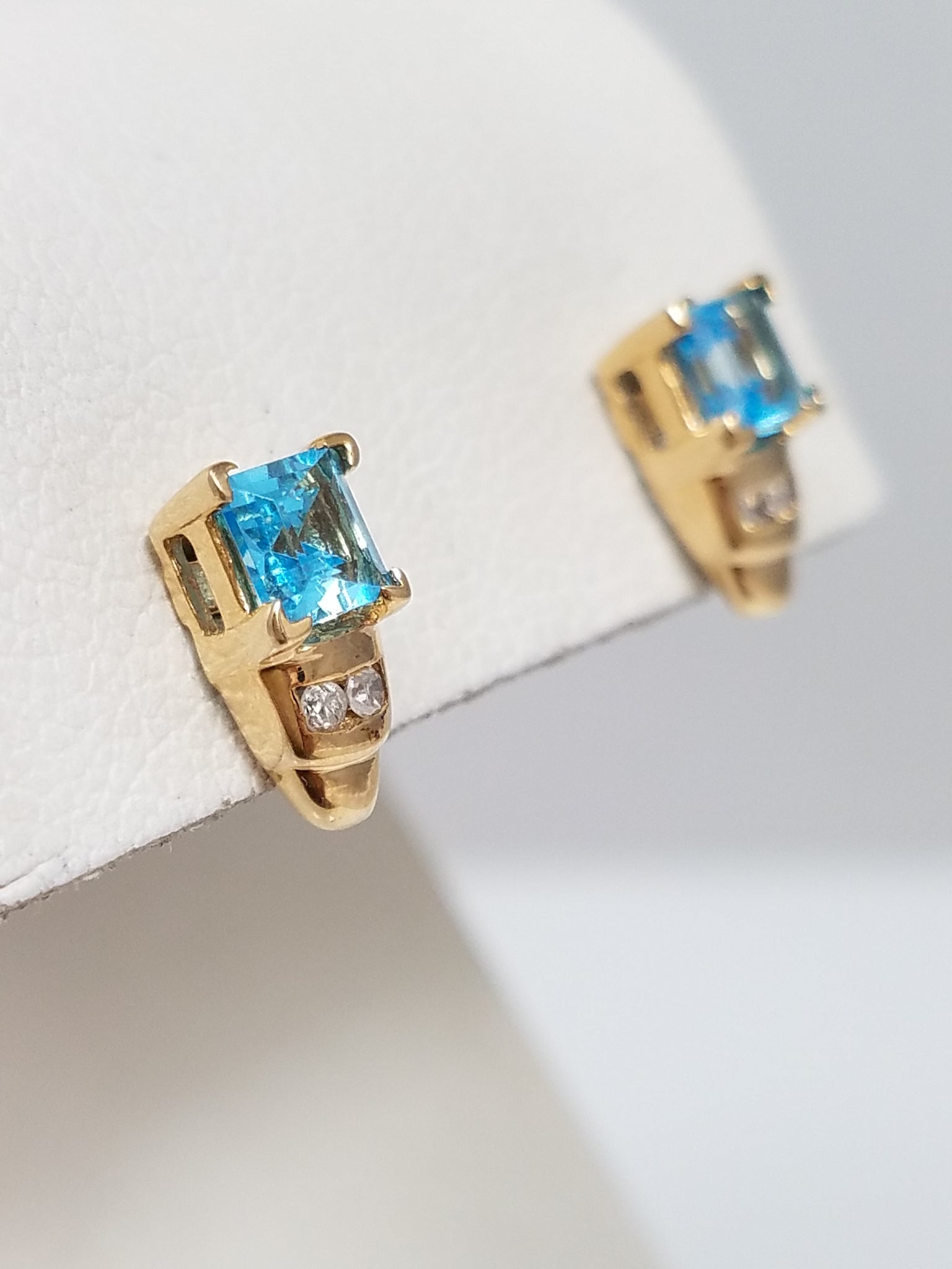Dainty 10k Yellow Gold Natural Blue Topaz Diamond Drop Earrings