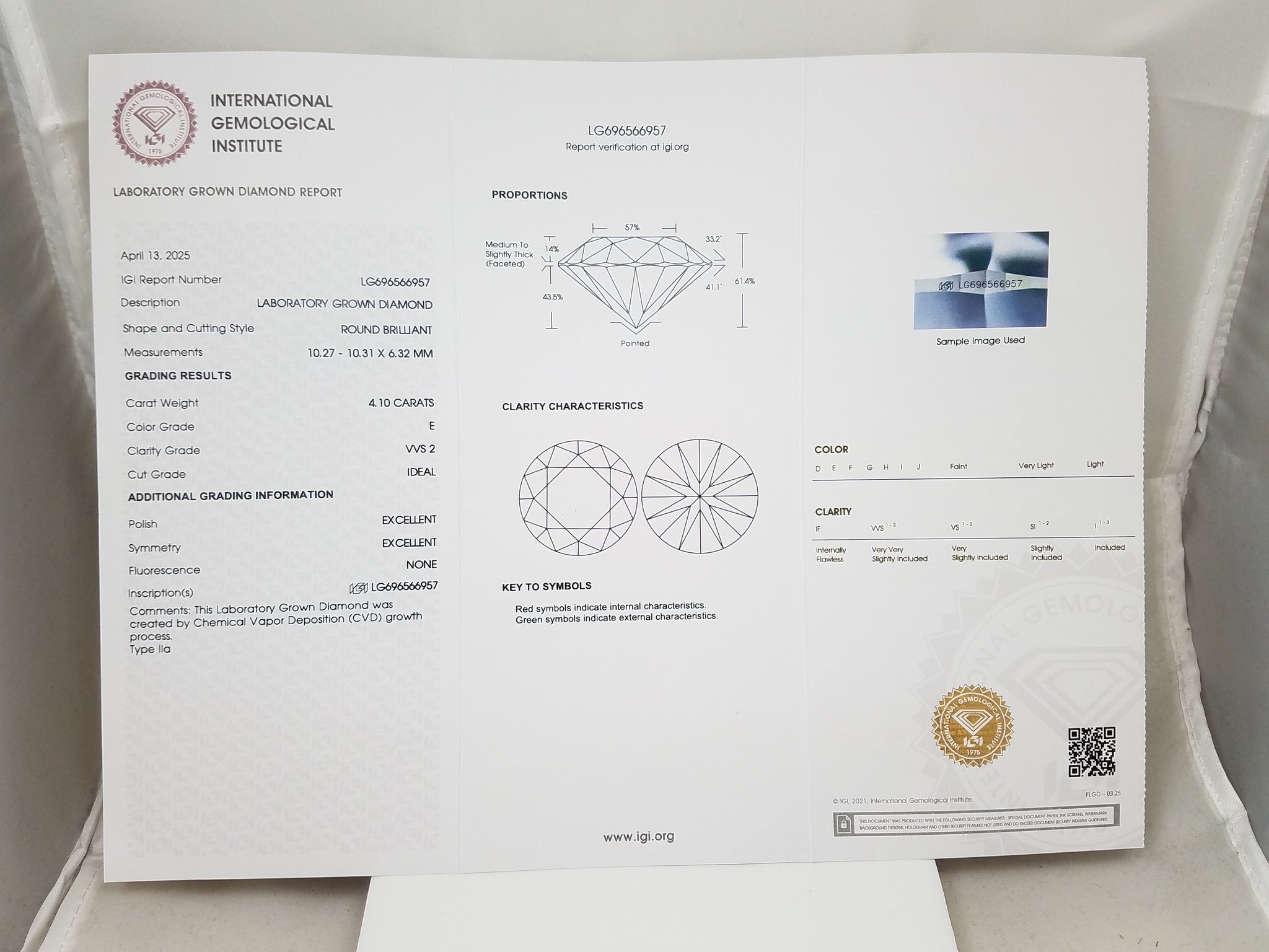 NEW IGI Certified 4.10ct Round Brilliant Lab Grown Diamond VVS2/E