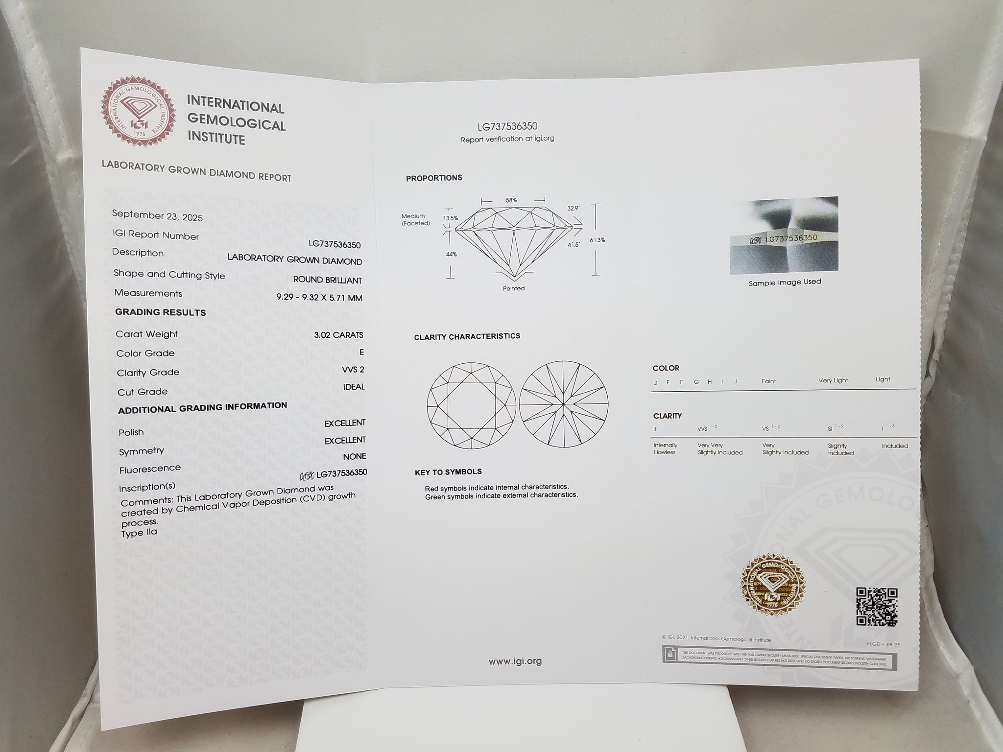 NEW IGI Certified 3.02ct Round Brilliant Lab Grown Diamond VVS2/E