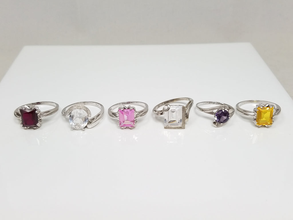 Six New Old Stock 10k White Gold Synthetic Gemstone Ring Lot