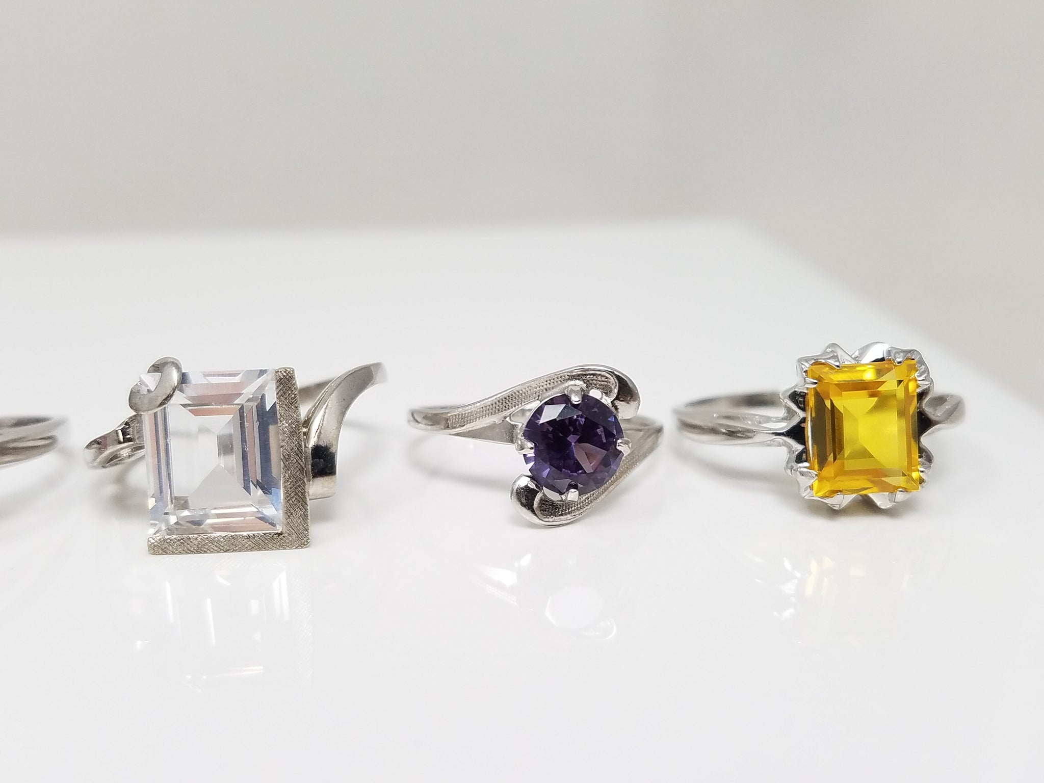 Six New Old Stock 10k White Gold Synthetic Gemstone Ring Lot