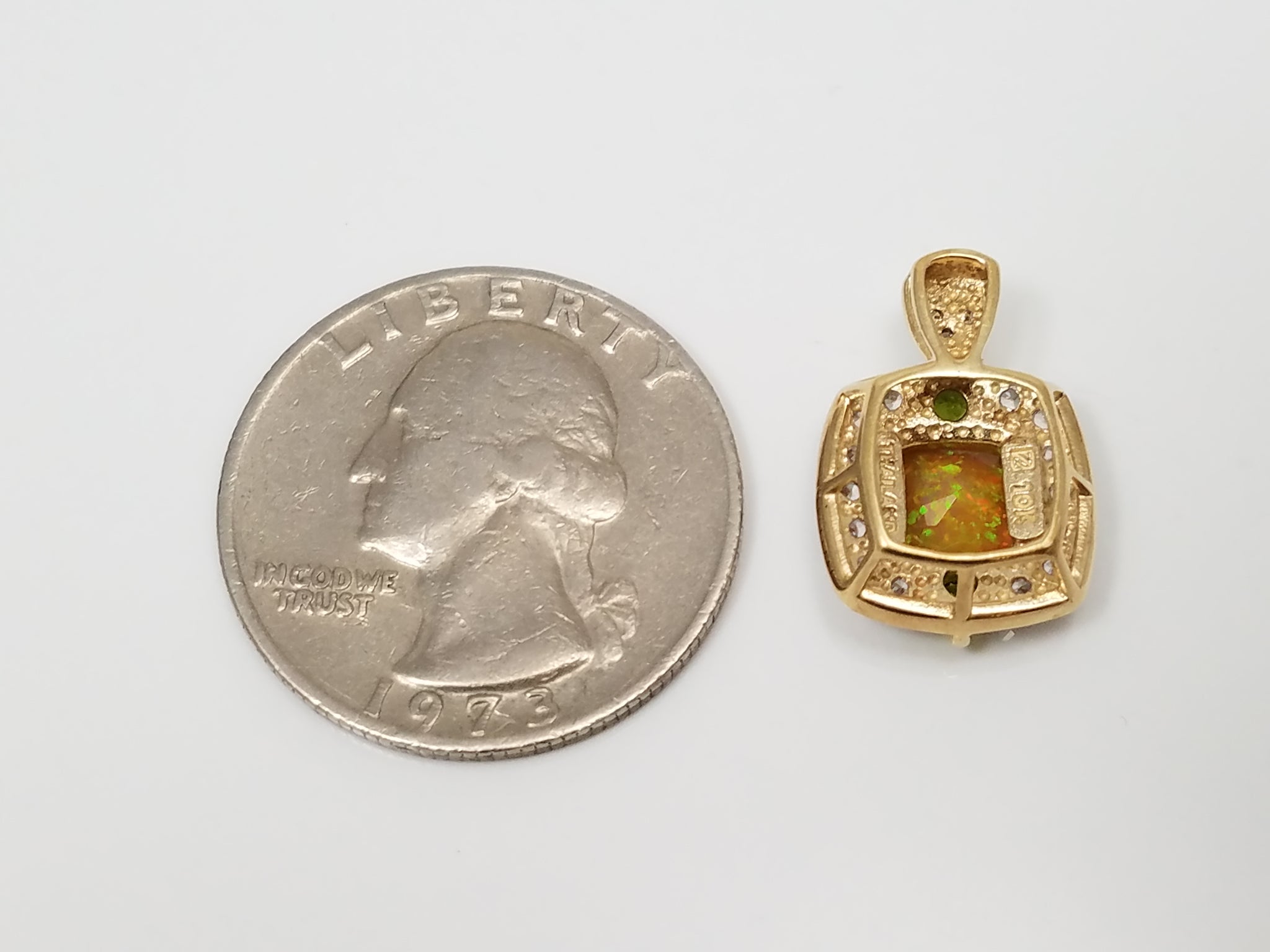 Sexy 10k Yellow Gold Lab Created Opal Natural Diamond Gemstone Pendant