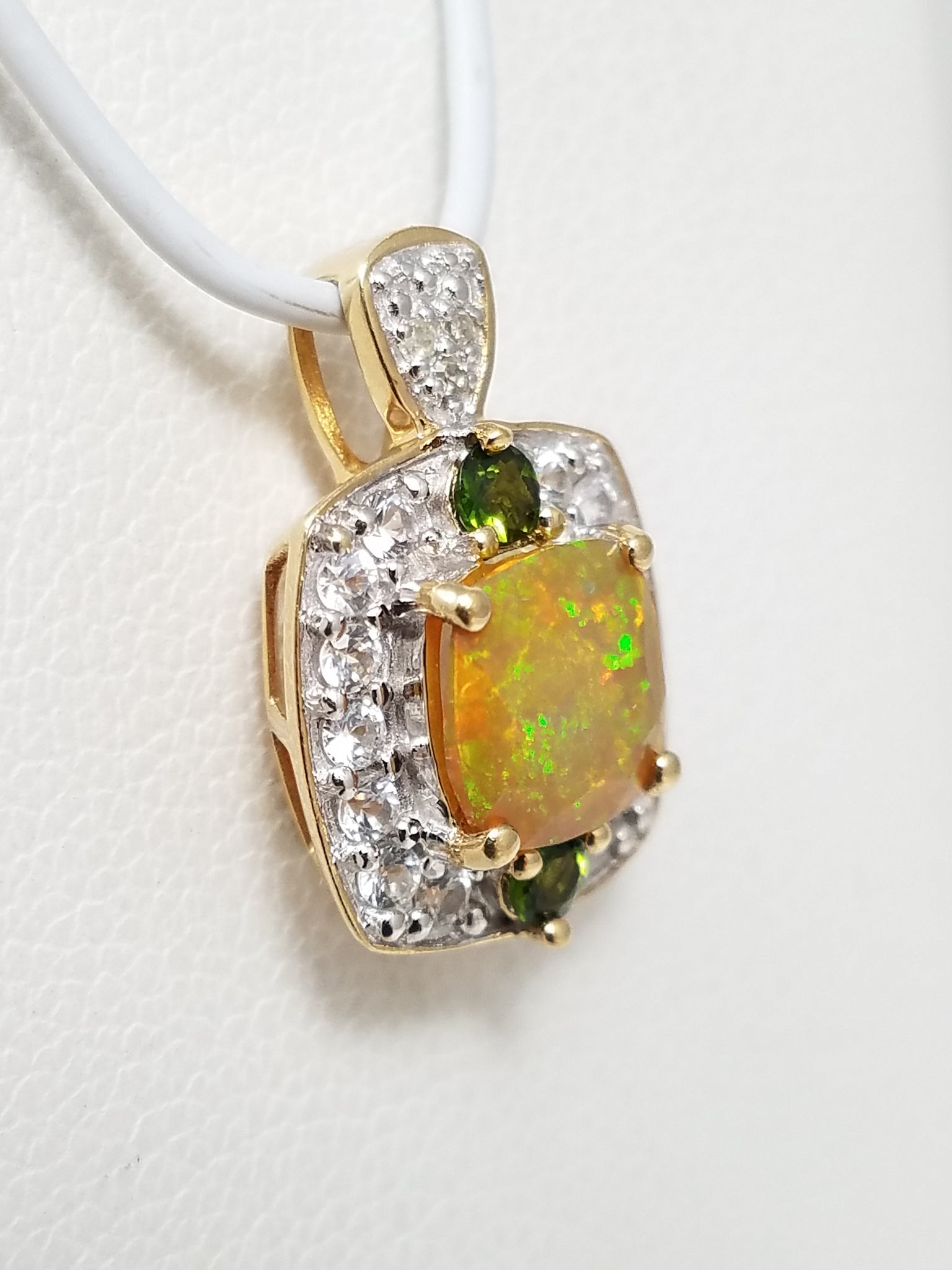 Sexy 10k Yellow Gold Lab Created Opal Natural Diamond Gemstone Pendant