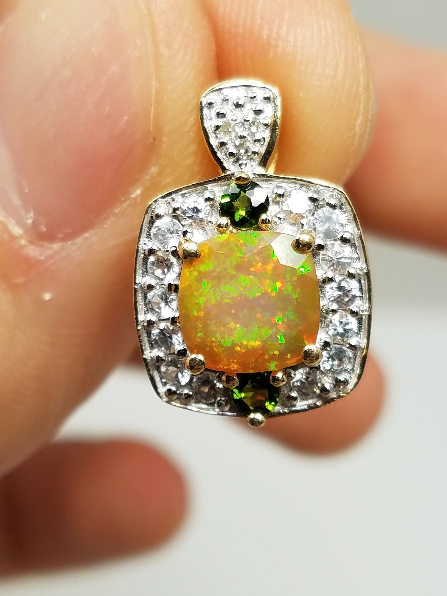 Sexy 10k Yellow Gold Lab Created Opal Natural Diamond Gemstone Pendant