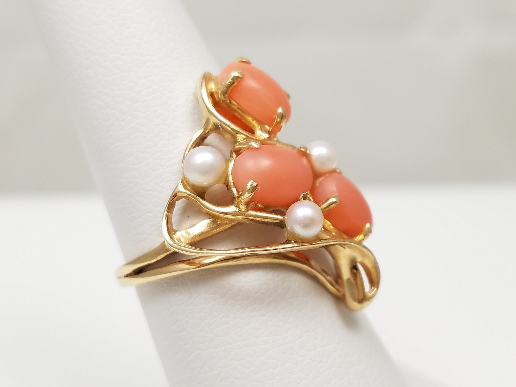 14k Yellow Gold Coral + Pearl Cluster Freeform Ring