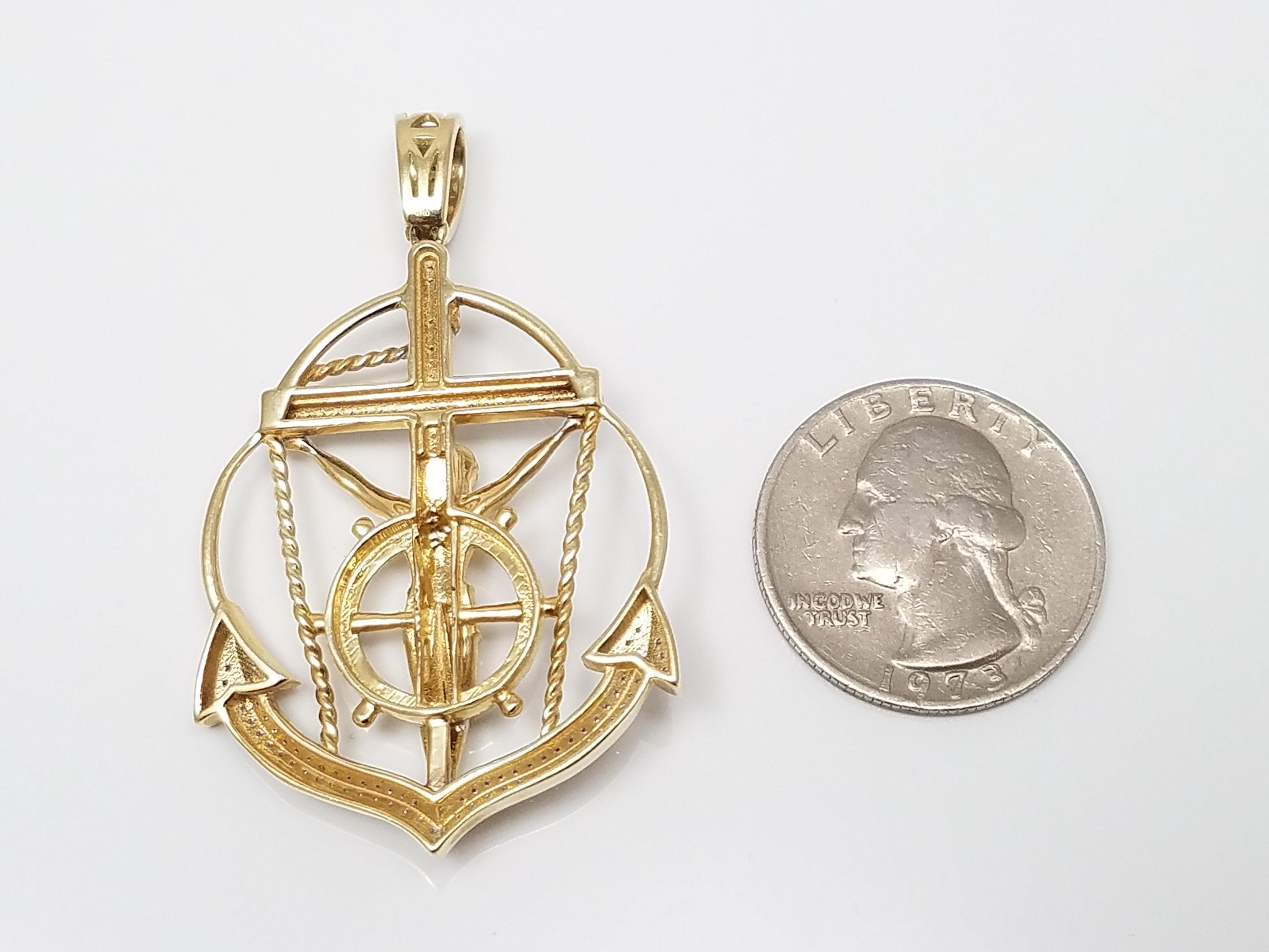 Extraordinary 10k Yellow Gold Natural Diamond Mariner Cross Pendant