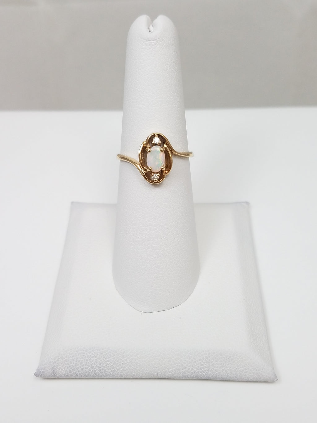 Dainty 10k Yellow Gold Natural Opal Diamond Ring