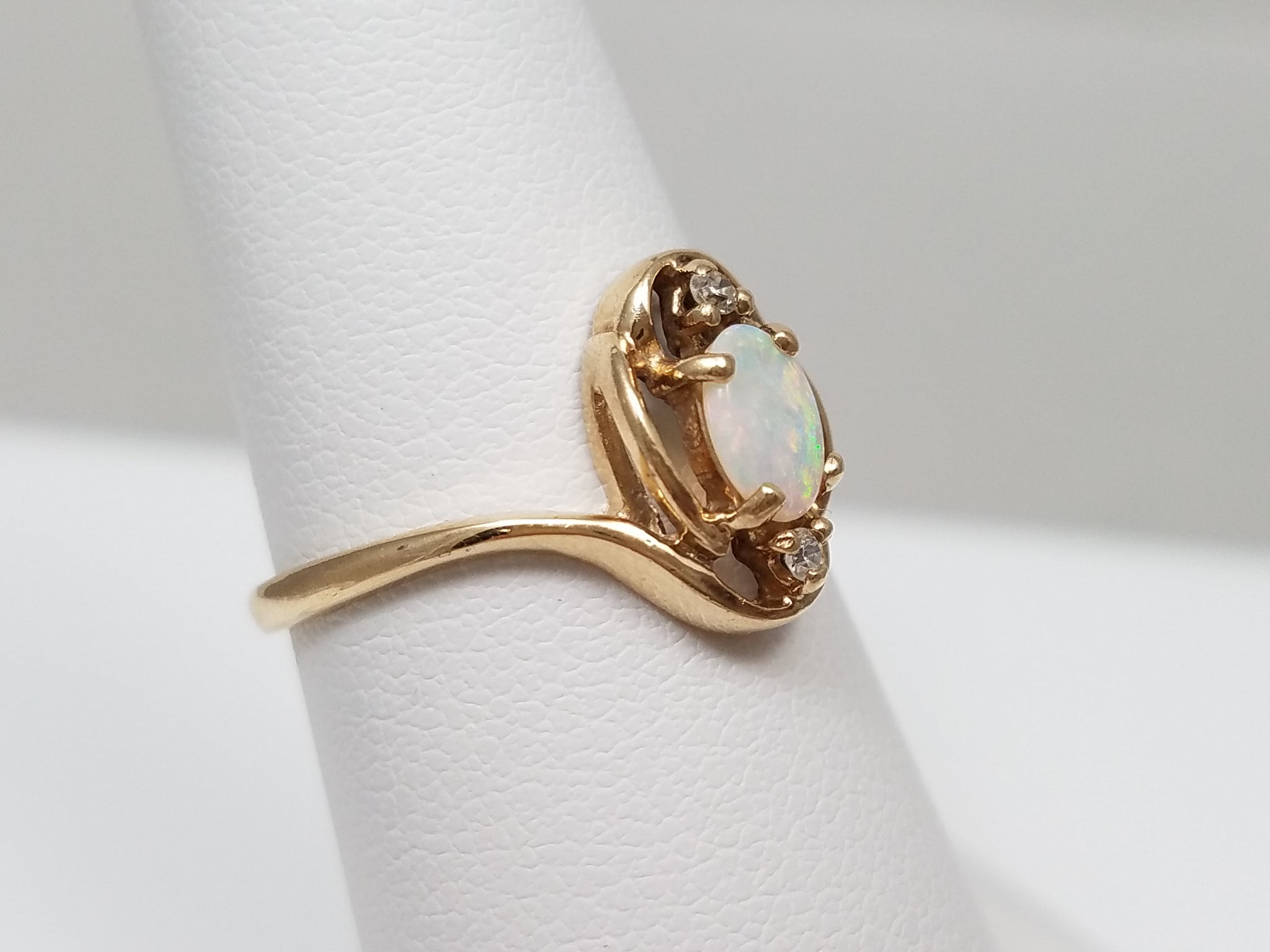 Dainty 10k Yellow Gold Natural Opal Diamond Ring