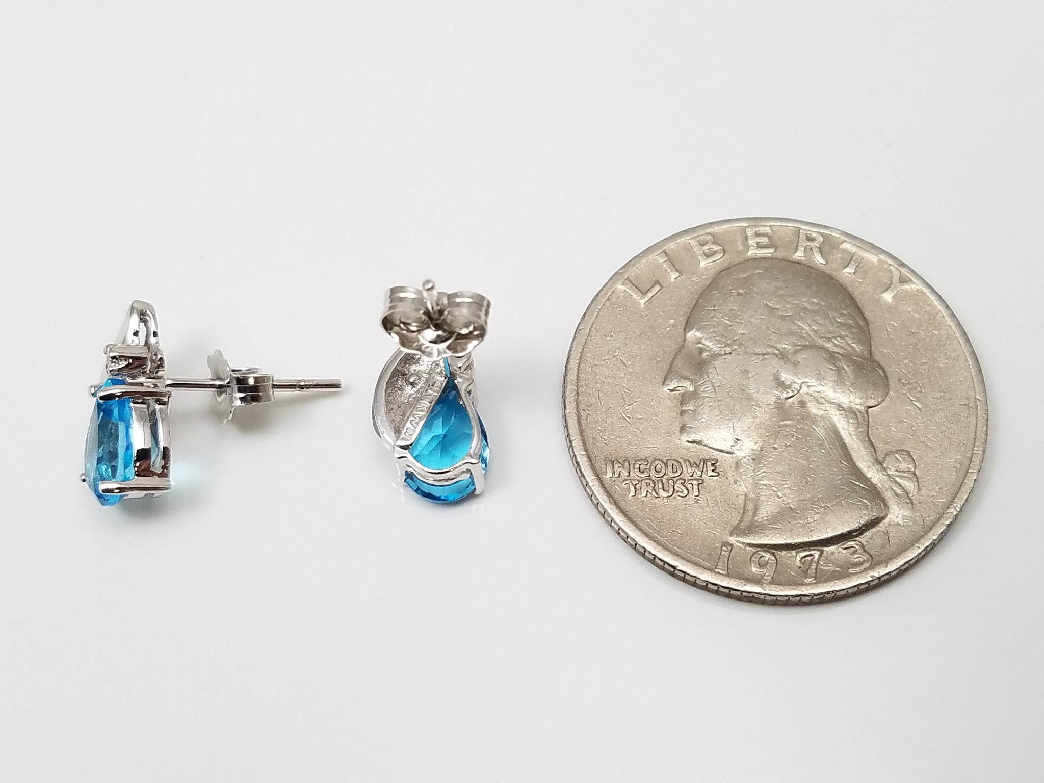Petite 14k White Gold Natural Blue Topaz Diamond Earrings