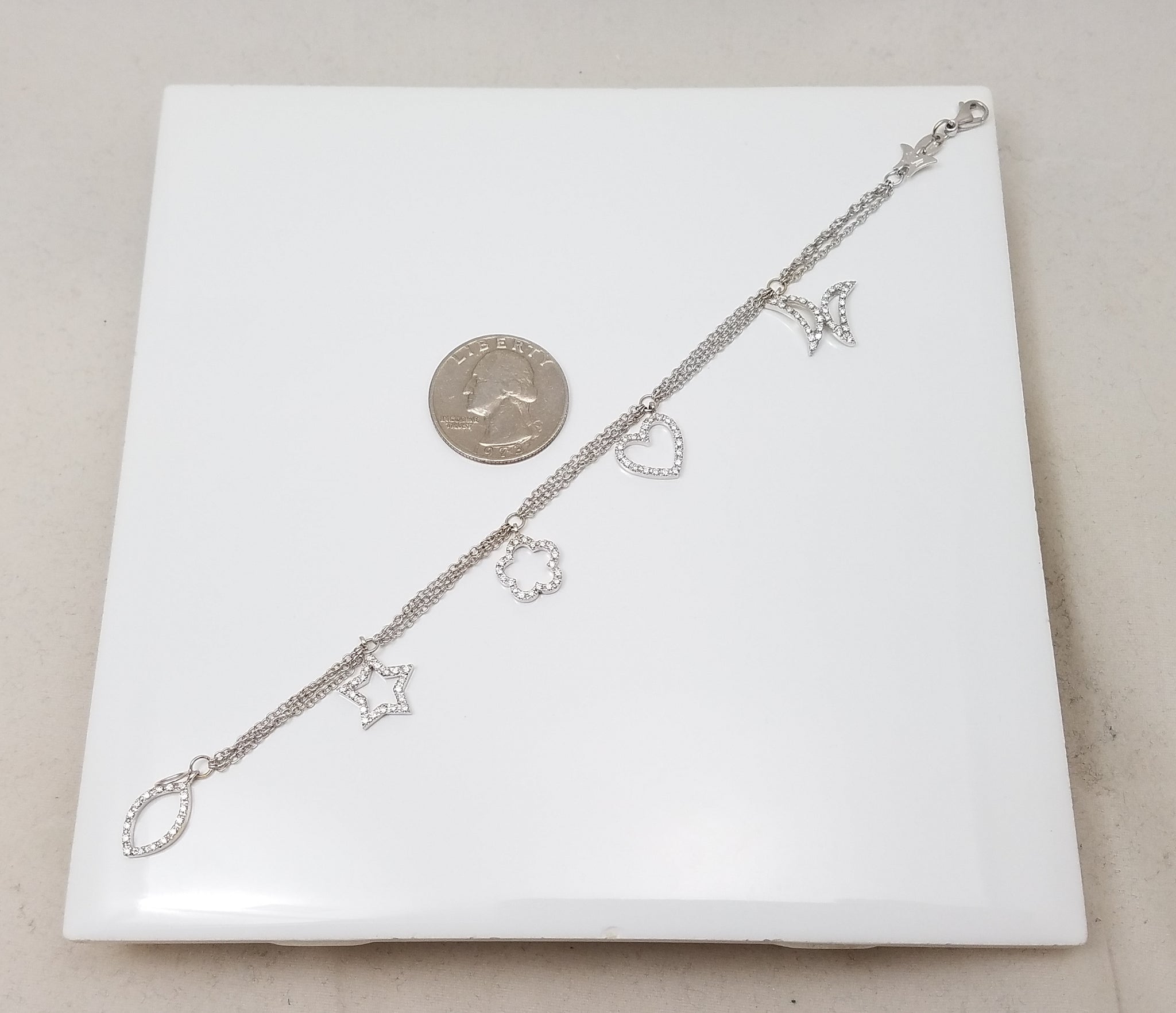 Exquisite 7.25" 18k White Gold Natural Diamond Multi Strand Charm Bracelet