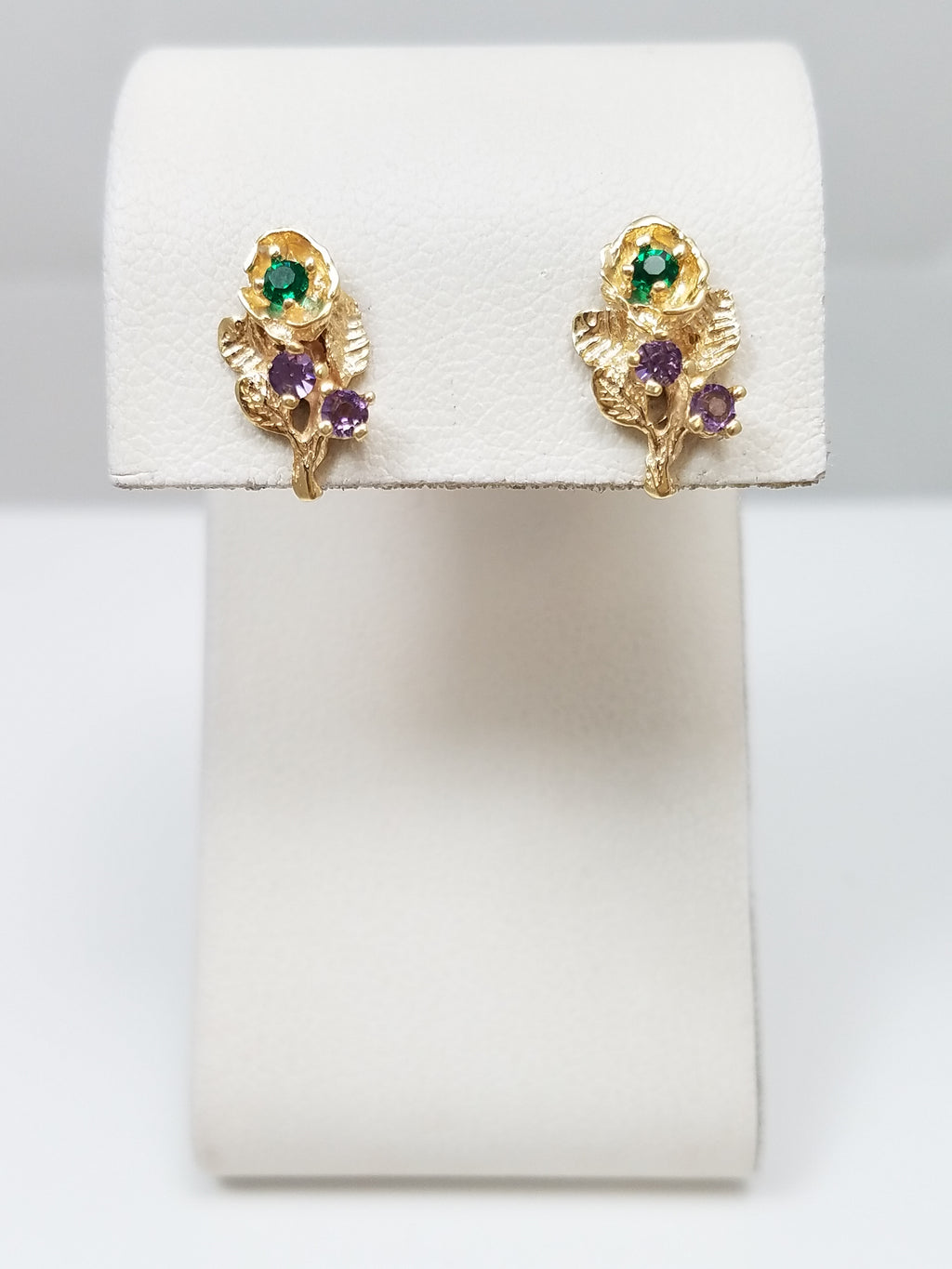 Precious 14k Yellow Gold Synthetic Gemstone Flower Earrings