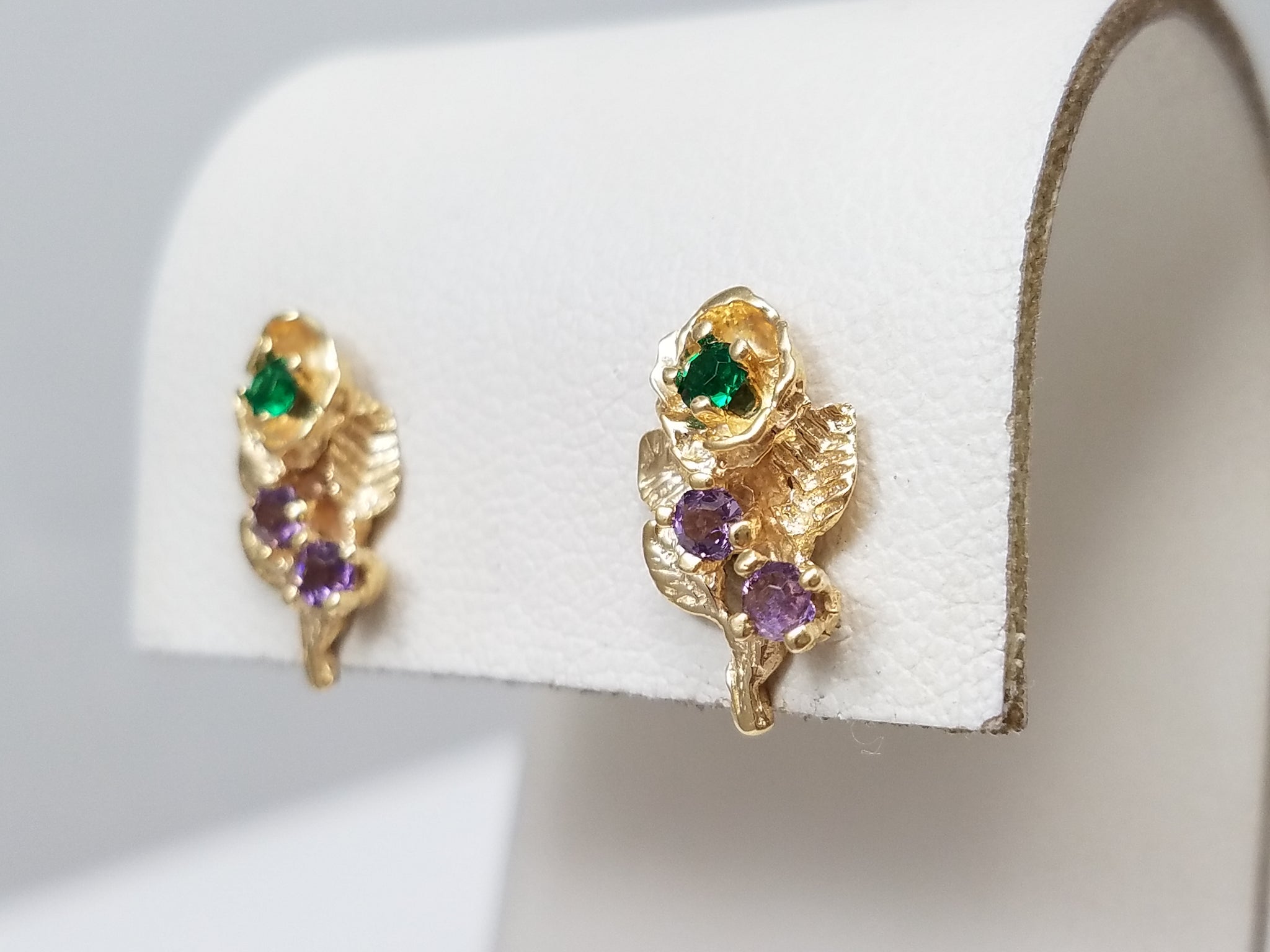 Precious 14k Yellow Gold Synthetic Gemstone Flower Earrings