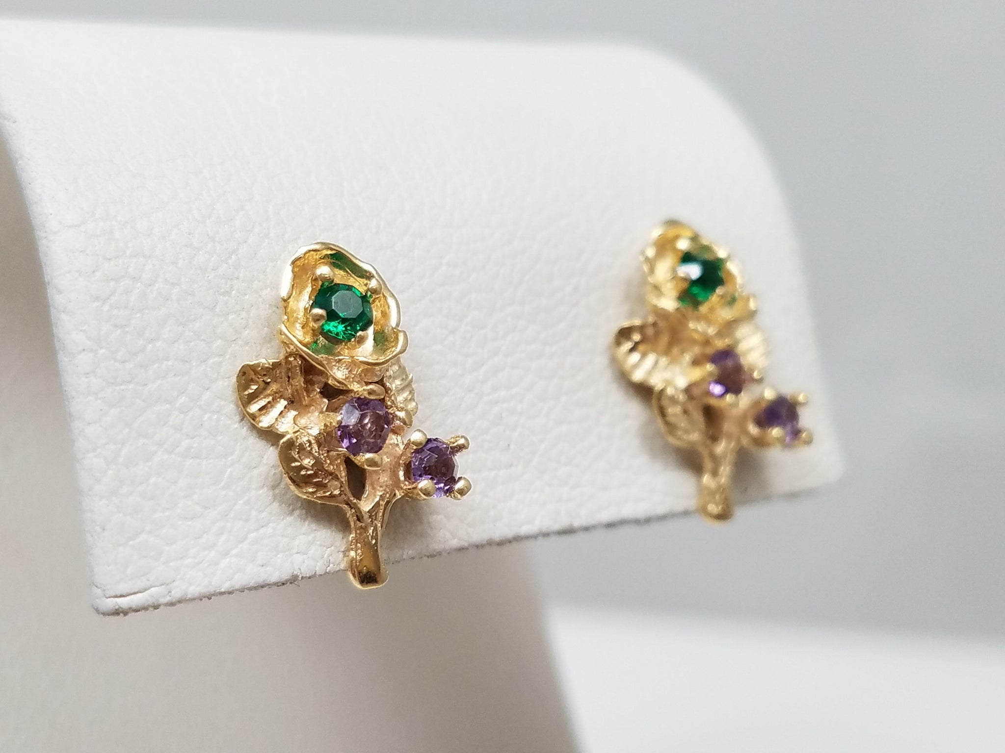 Precious 14k Yellow Gold Synthetic Gemstone Flower Earrings