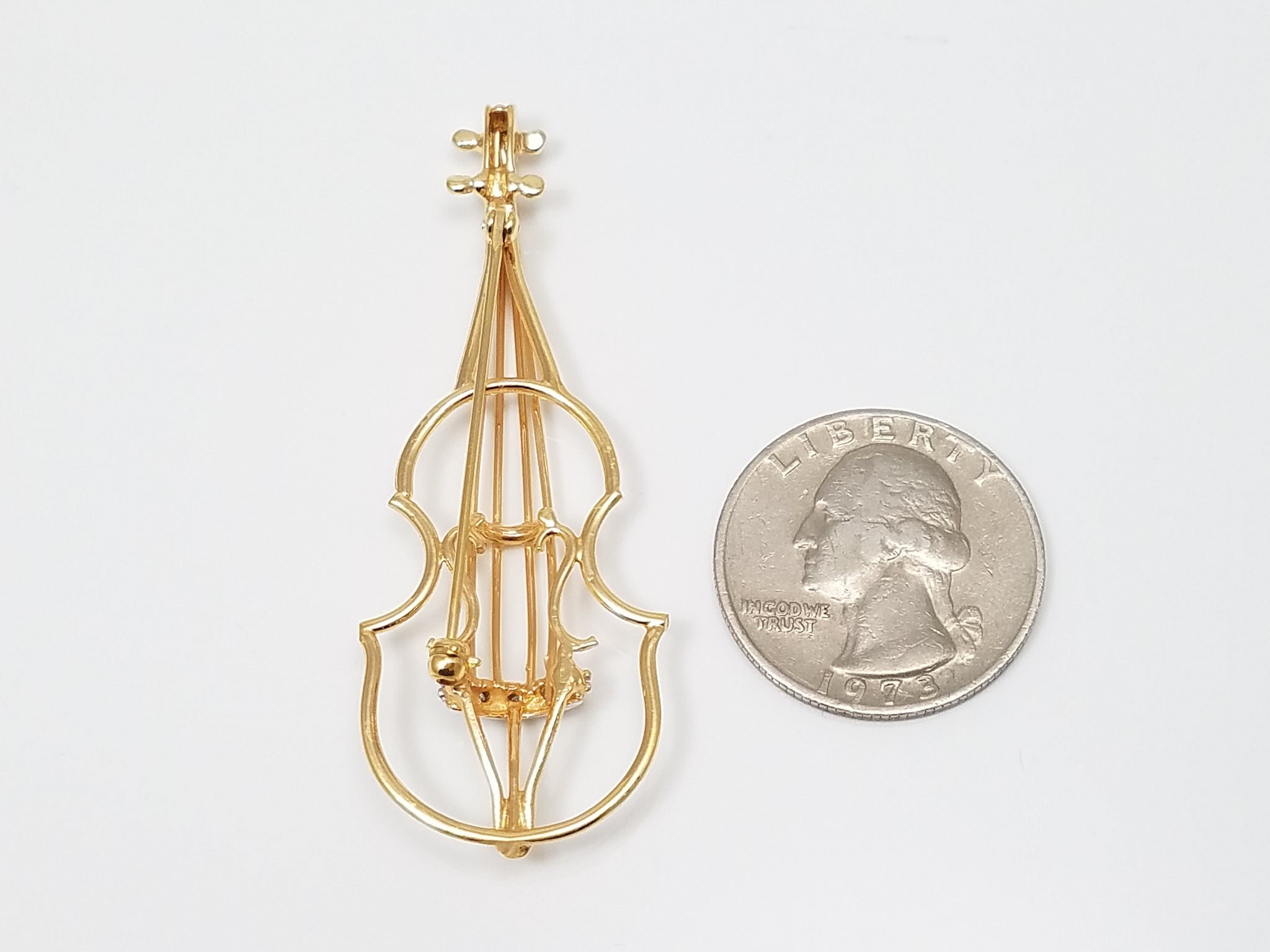 Rare 14k Yellow Gold Diamond Accented Violin Brooch