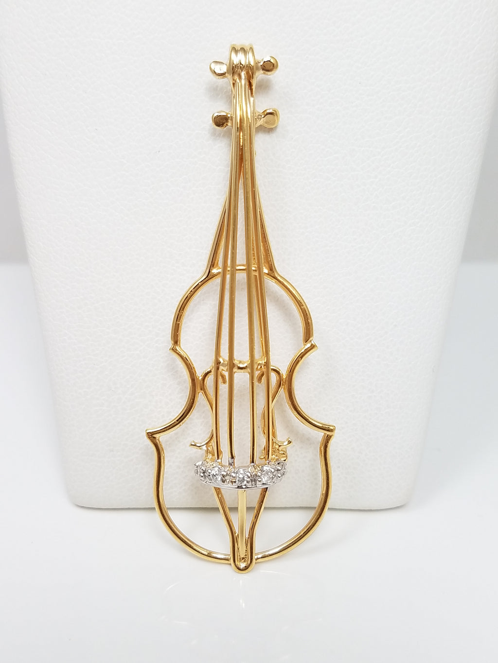 Rare 14k Yellow Gold Diamond Accented Violin Brooch