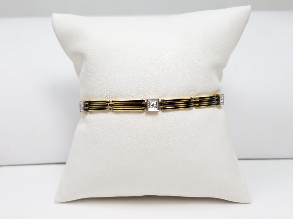 Sophisticated Early 1900's 6.25" 14k Two Tone Gold Natural Diamond Enamel Bracelet