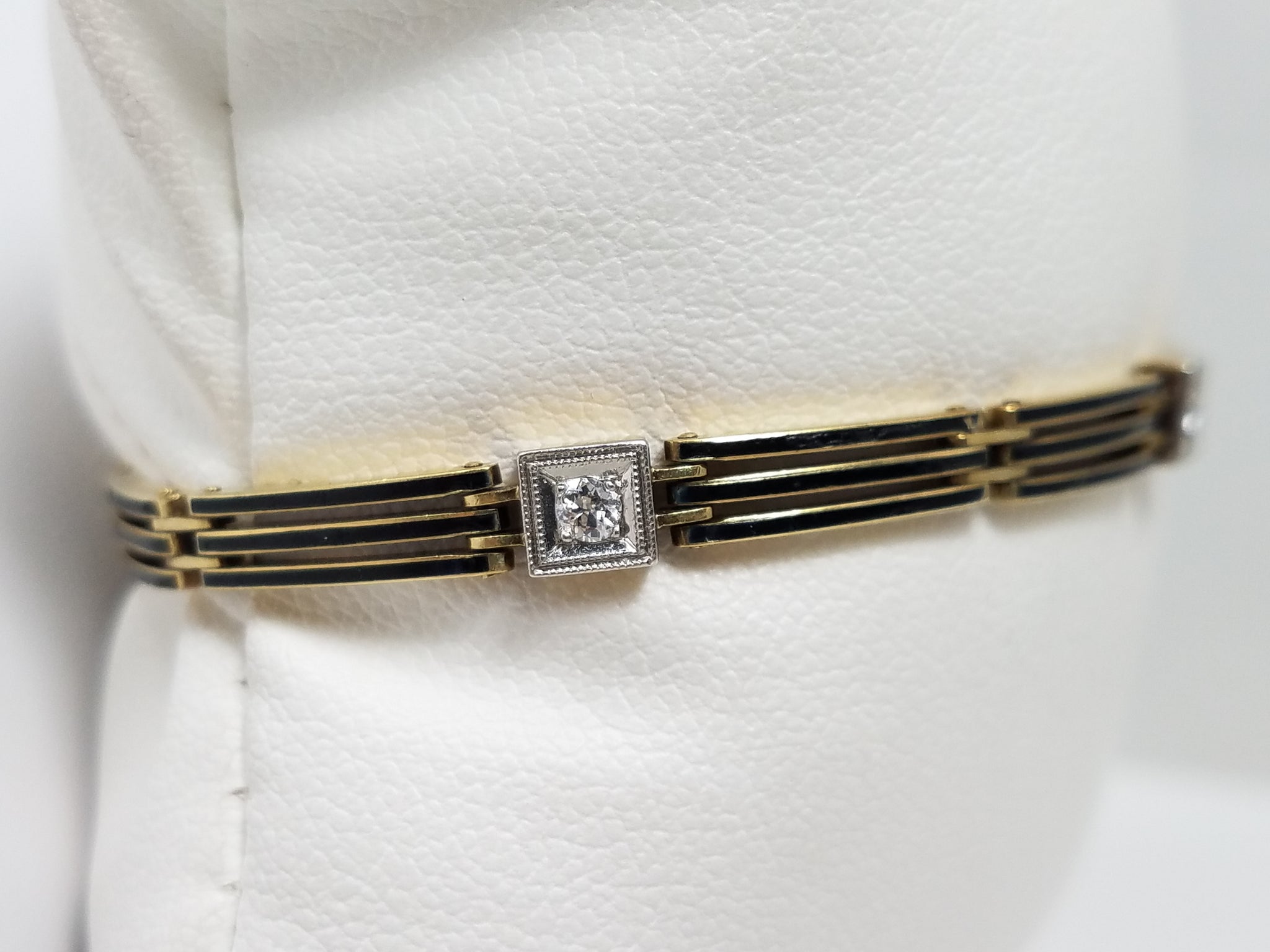 Sophisticated Early 1900's 6.25" 14k Two Tone Gold Natural Diamond Enamel Bracelet