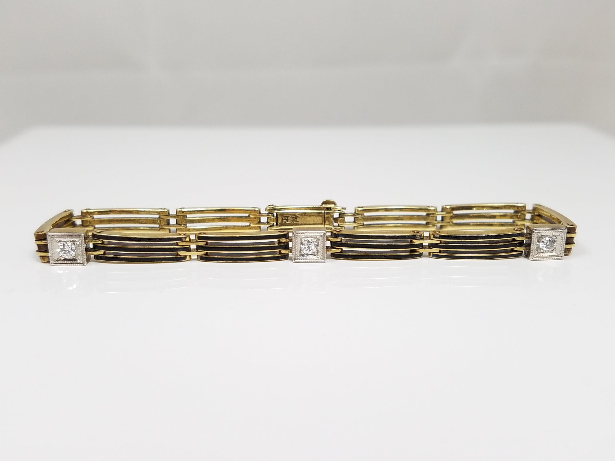 Sophisticated Early 1900's 6.25" 14k Two Tone Gold Natural Diamond Enamel Bracelet