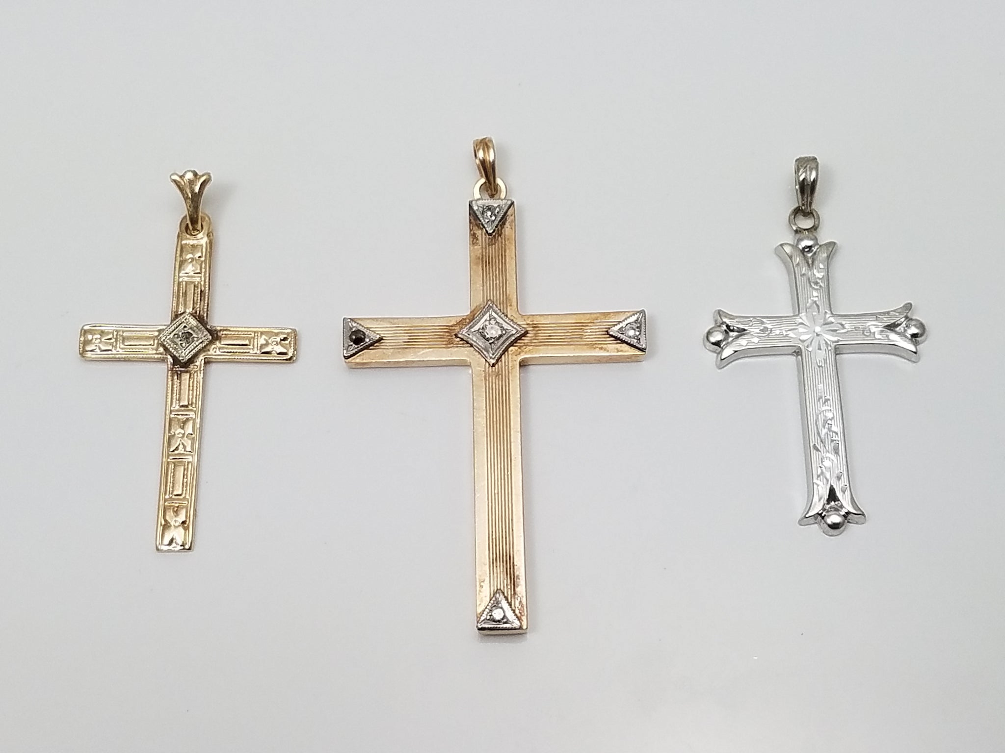 Three Vintage 10k Gold Natural Diamond Cross Pendant Lot